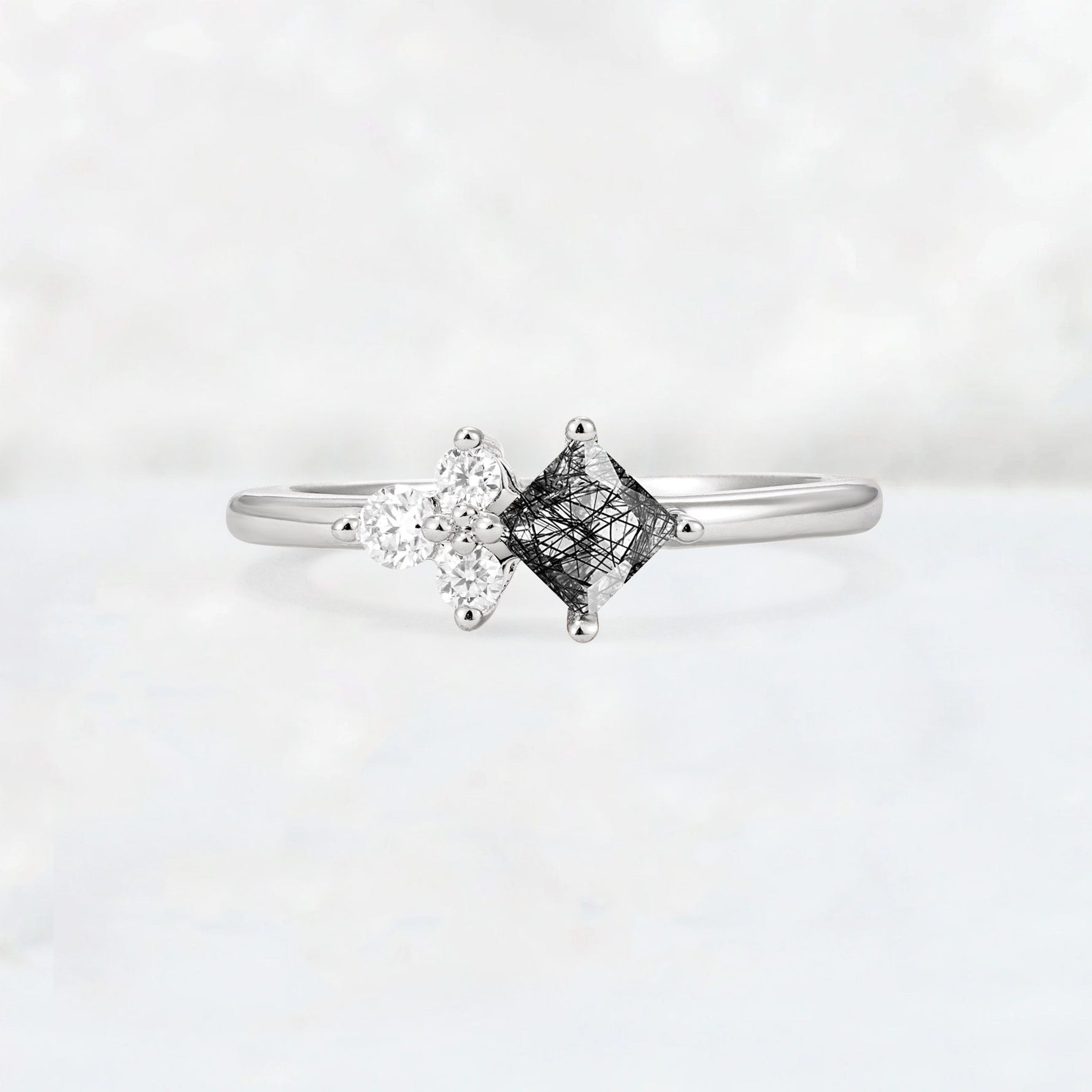 Princess Cut Black Rutilated Quartz Asymmetrical Cluster Side Stone Engagement Ring - Additional view
