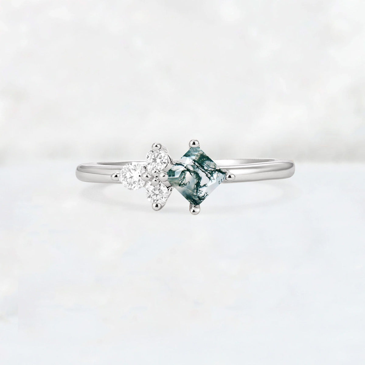 Princess Cut Moss Agate Asymmetrical Cluster Side Stone Engagement Ring - Additional view