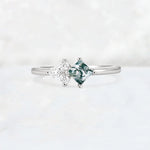 Princess Cut Moss Agate Asymmetrical Cluster Side Stone Engagement Ring - Additional view