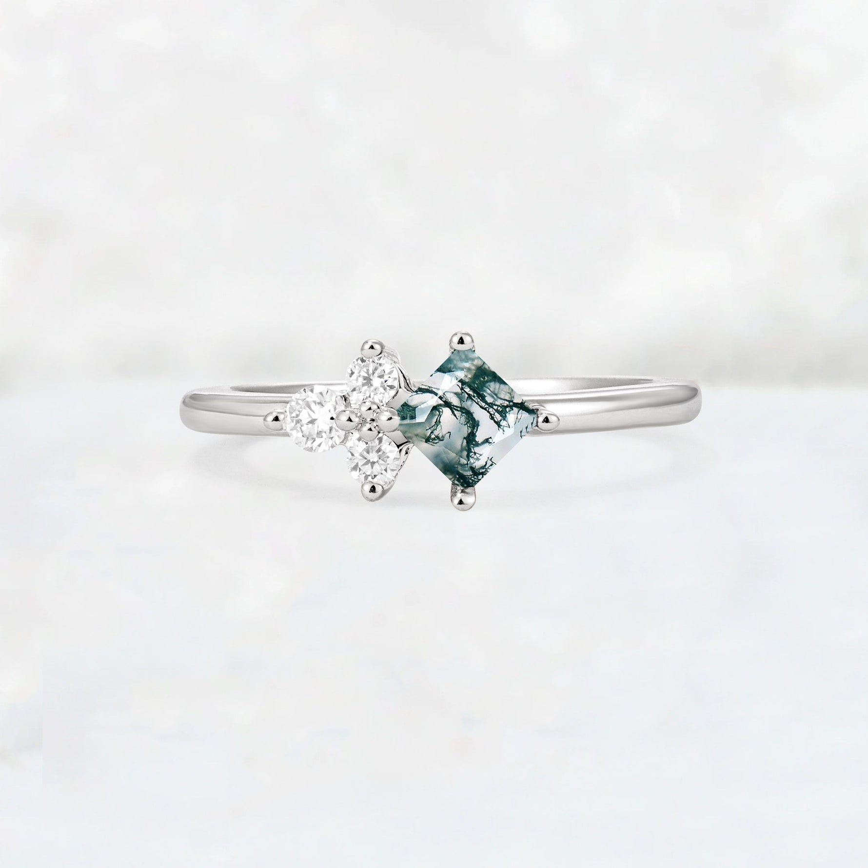 Princess Cut Moss Agate Asymmetrical Cluster Side Stone Engagement Ring - Additional view