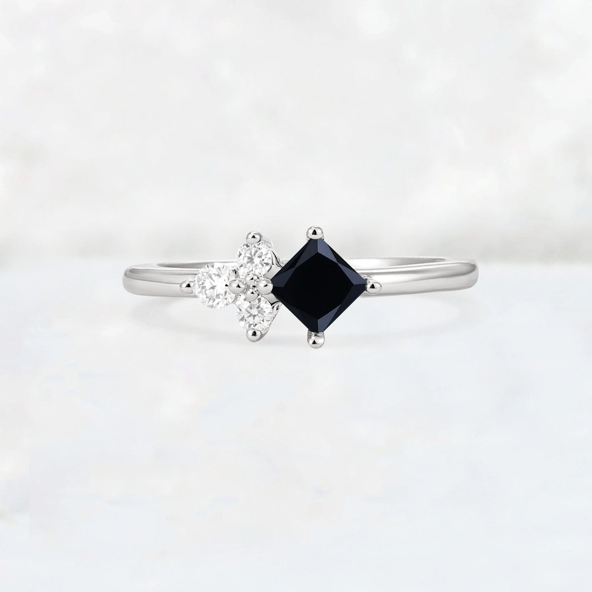 Princess Cut Black Onyx Asymmetrical Cluster Side Stone Engagement Ring - Additional view