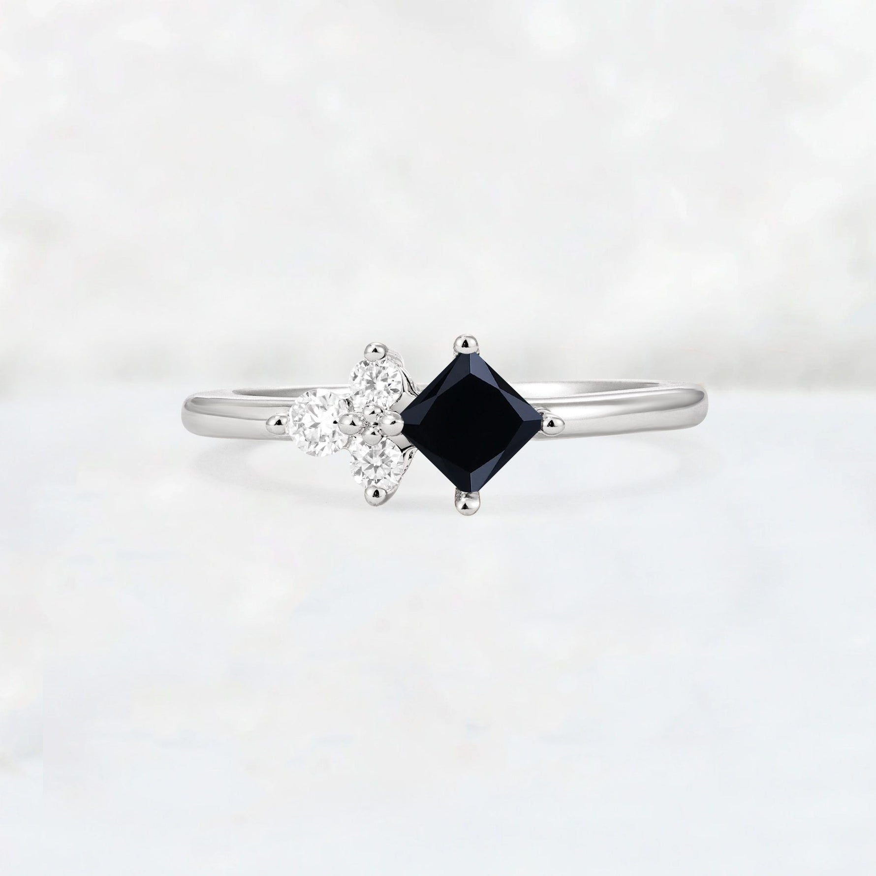 Princess Cut Black Onyx Asymmetrical Cluster Side Stone Engagement Ring - Additional view