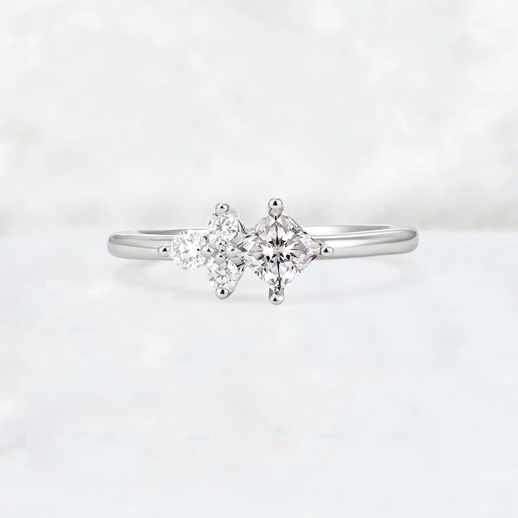 Princess Cut Lab Diamond Asymmetrical Cluster Side Stone Engagement Ring - Additional view