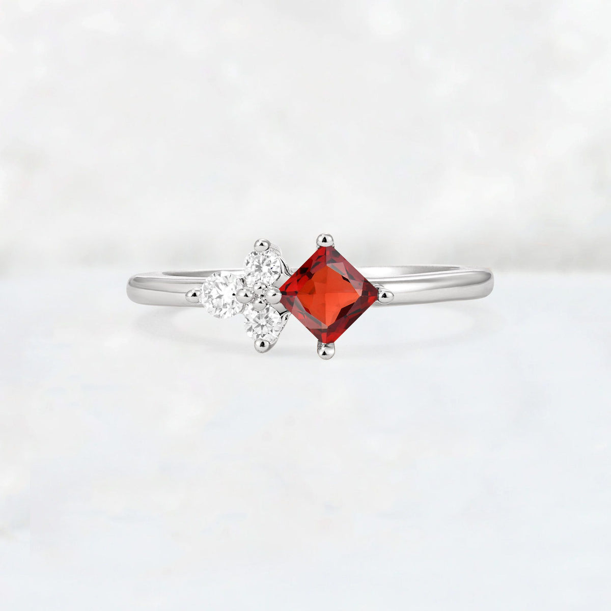 Princess Cut Garnet Asymmetrical Cluster Side Stone Engagement Ring - Additional view