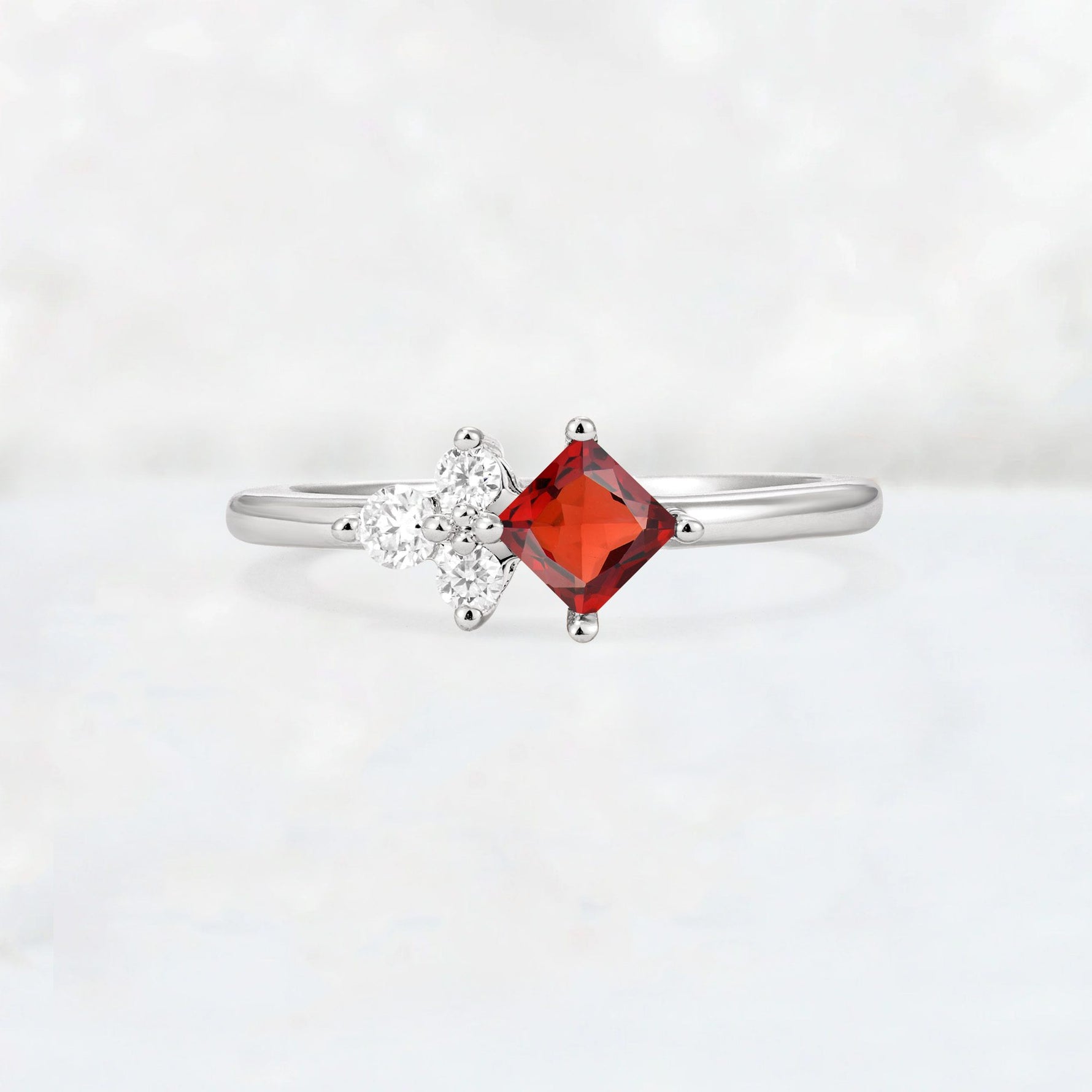 Princess Cut Garnet Asymmetrical Cluster Side Stone Engagement Ring - Additional view