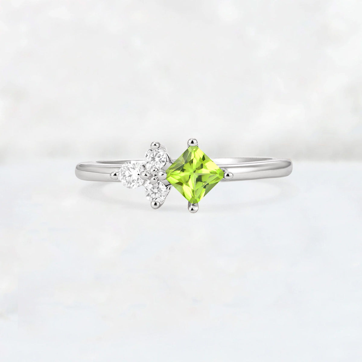Princess Cut Peridot Asymmetrical Cluster Side Stone Engagement Ring - Additional view