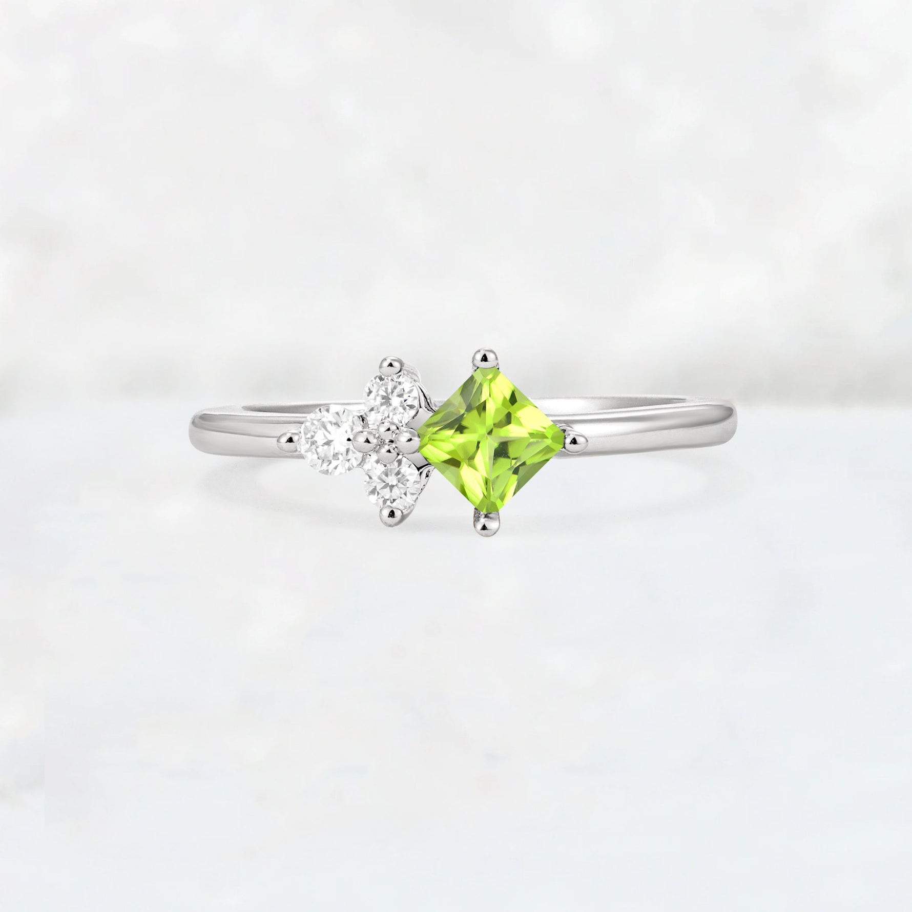 Princess Cut Peridot Asymmetrical Cluster Side Stone Engagement Ring - Additional view