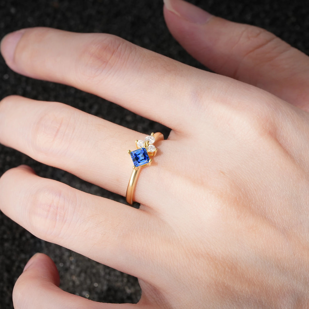 Princess Cut Sapphire Asymmetrical Cluster Side Stone Engagement Ring - Additional view