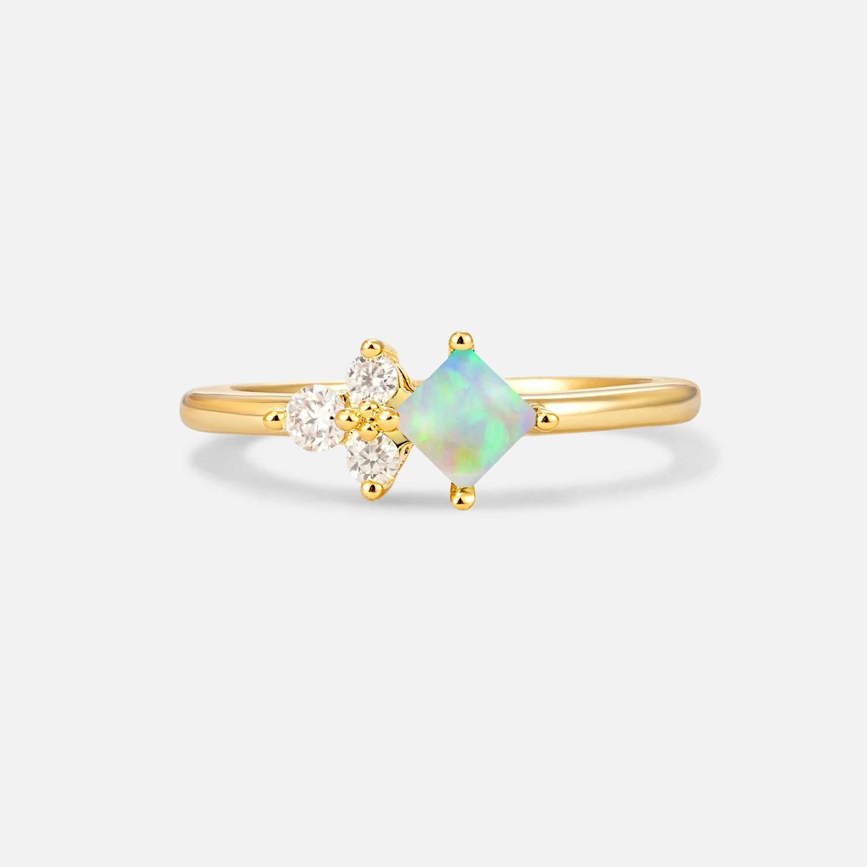 Princess Cut Fire Opal Asymmetrical Cluster Side Stone Engagement Ring - Additional view