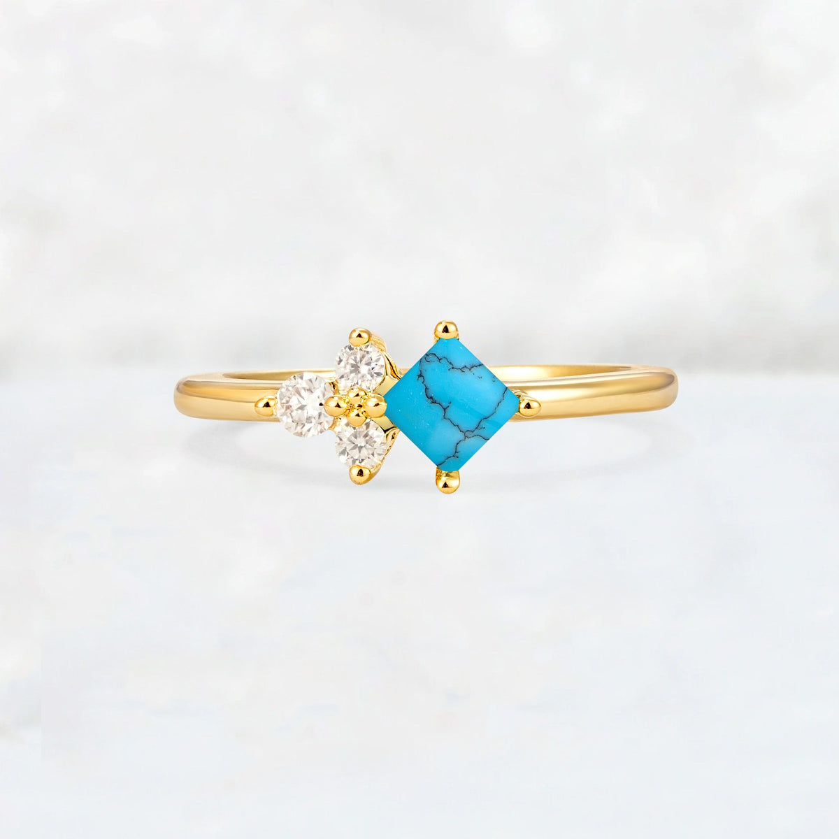 Princess Cut Turquoise Asymmetrical Cluster Side Stone Engagement Ring - Additional view