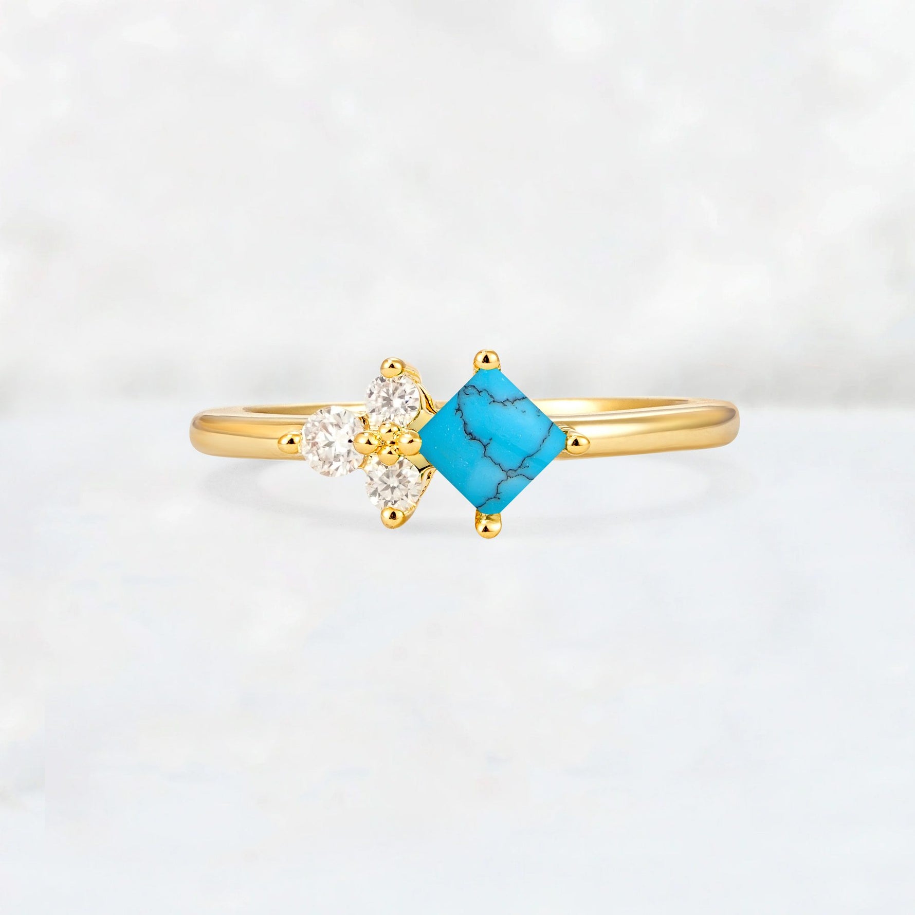 Princess Cut Turquoise Asymmetrical Cluster Side Stone Engagement Ring - Additional view