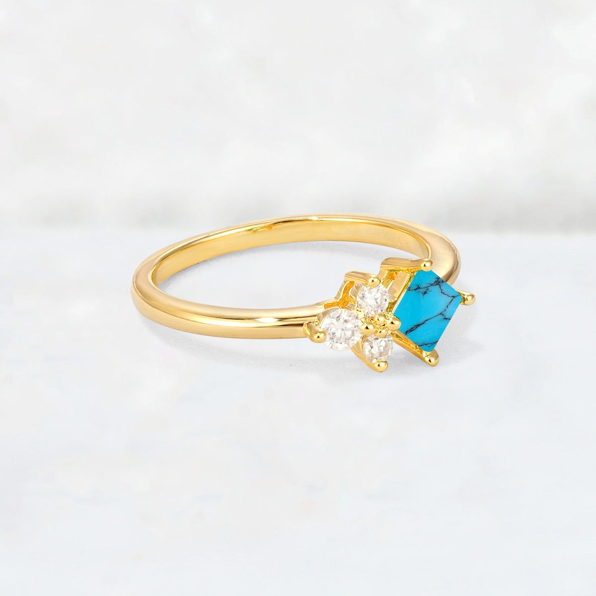 Princess Cut Turquoise Asymmetrical Cluster Side Stone Engagement Ring - Additional view