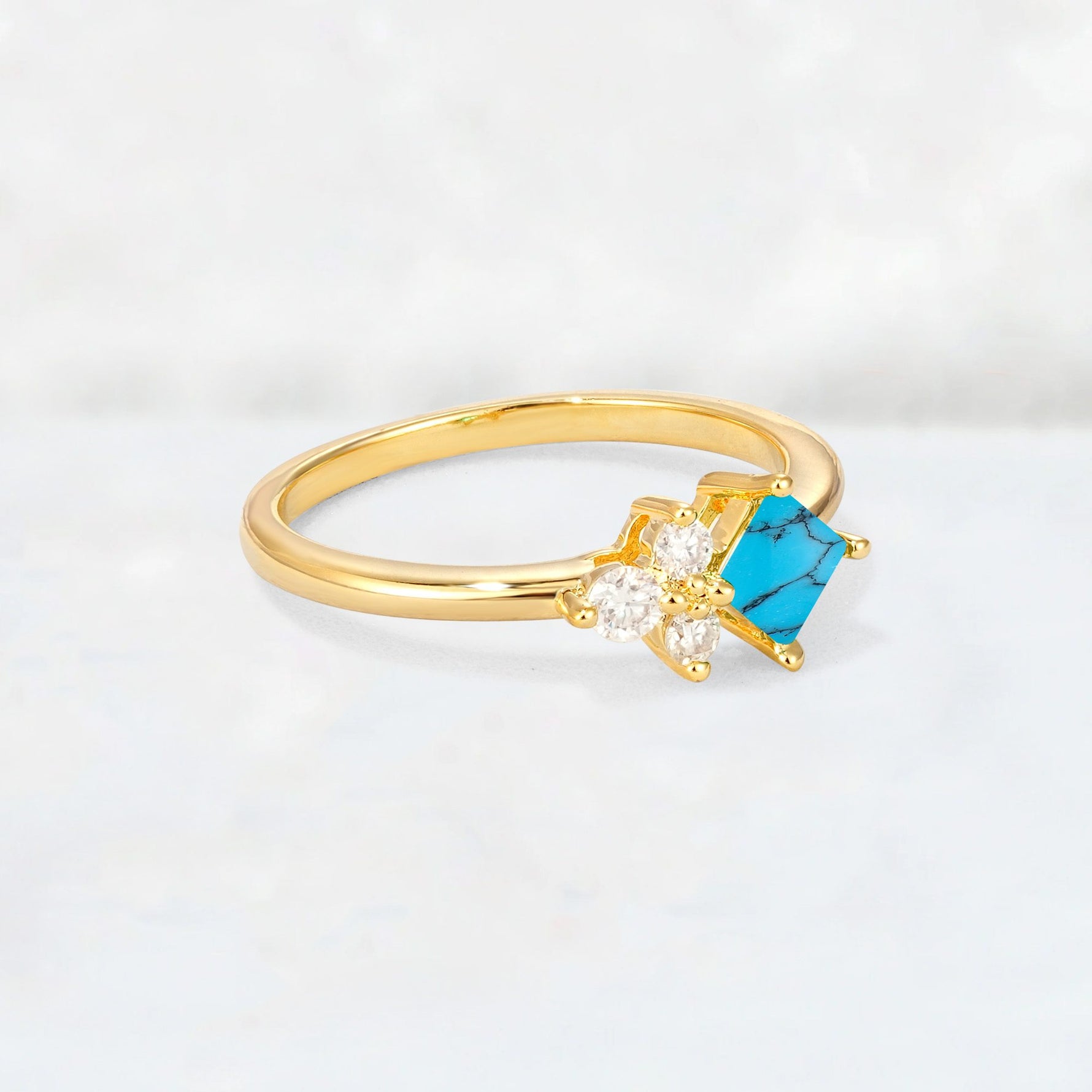 Princess Cut Turquoise Asymmetrical Cluster Side Stone Engagement Ring - Additional view