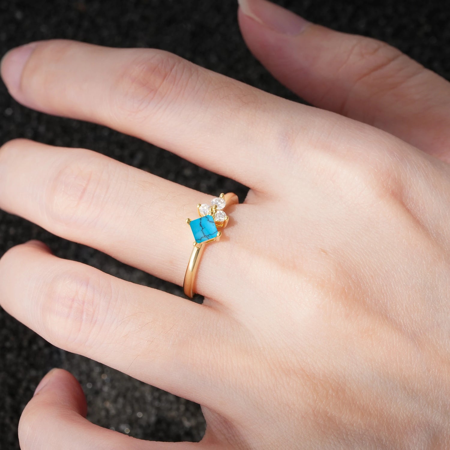 Princess Cut Turquoise Asymmetrical Cluster Side Stone Engagement Ring - Additional view