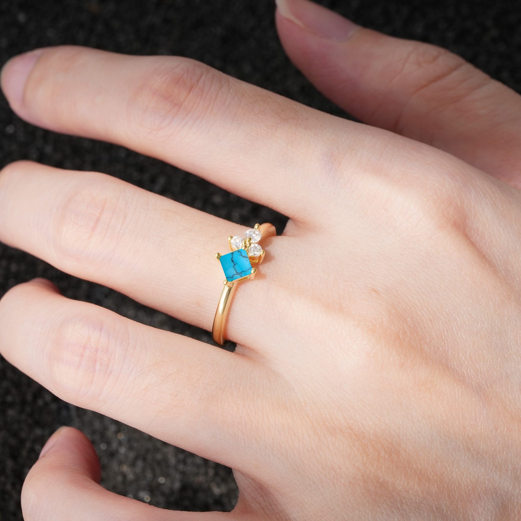 Princess Cut Turquoise Asymmetrical Cluster Side Stone Engagement Ring - Additional view