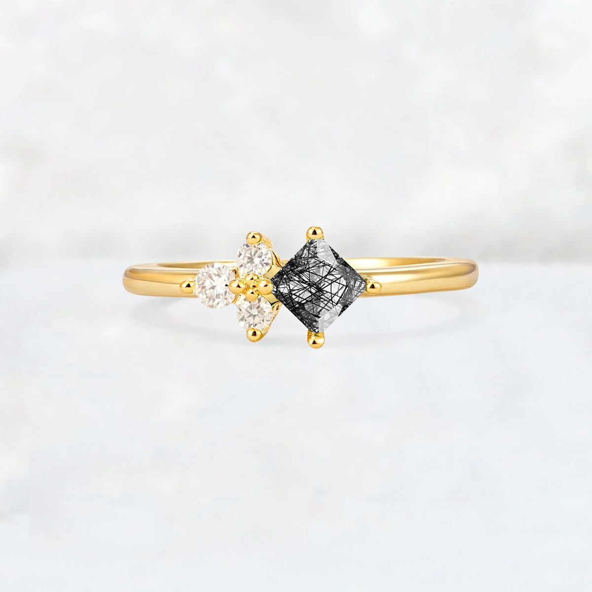 Princess Cut Black Rutilated Quartz Asymmetrical Cluster Side Stone Engagement Ring - Additional view
