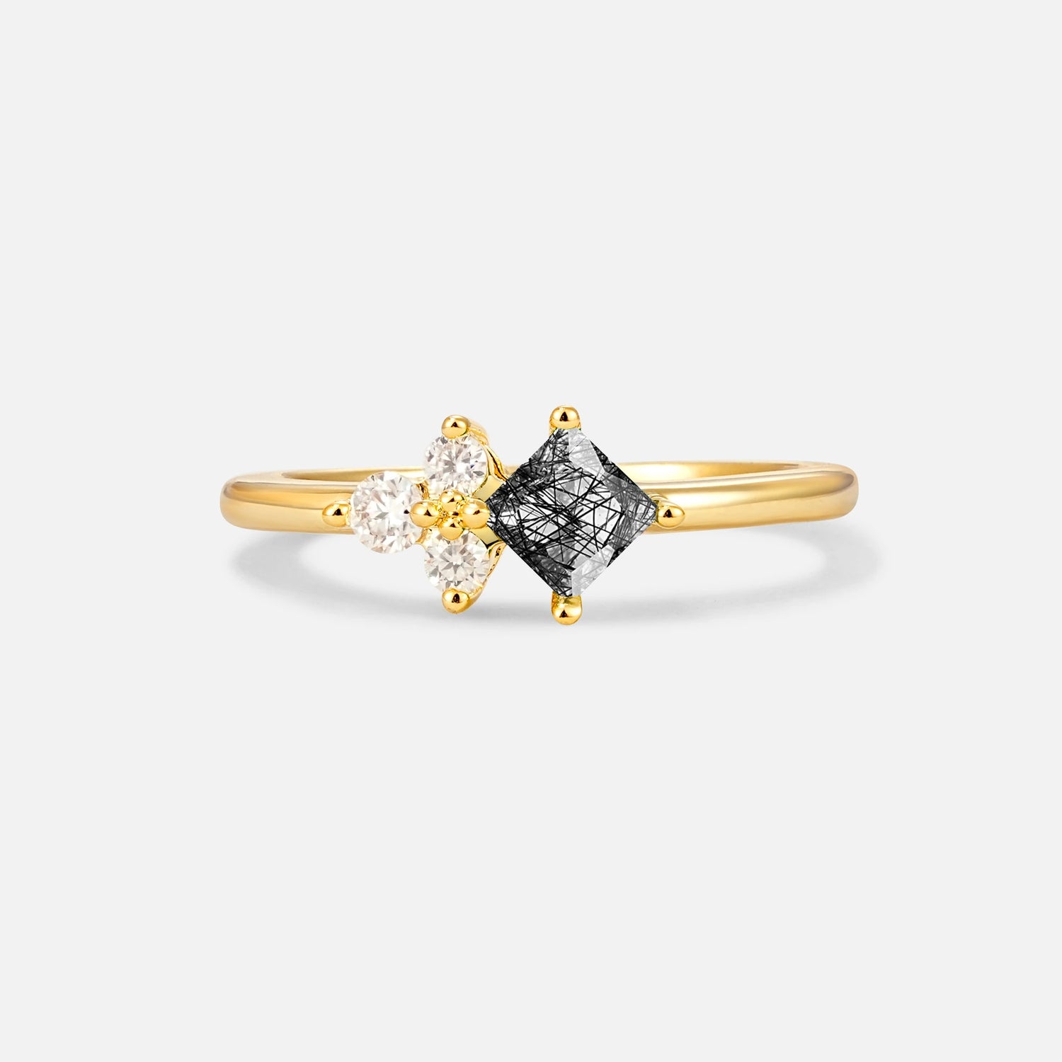 Princess Cut Black Rutilated Quartz Asymmetrical Cluster Side Stone Engagement Ring - Additional view