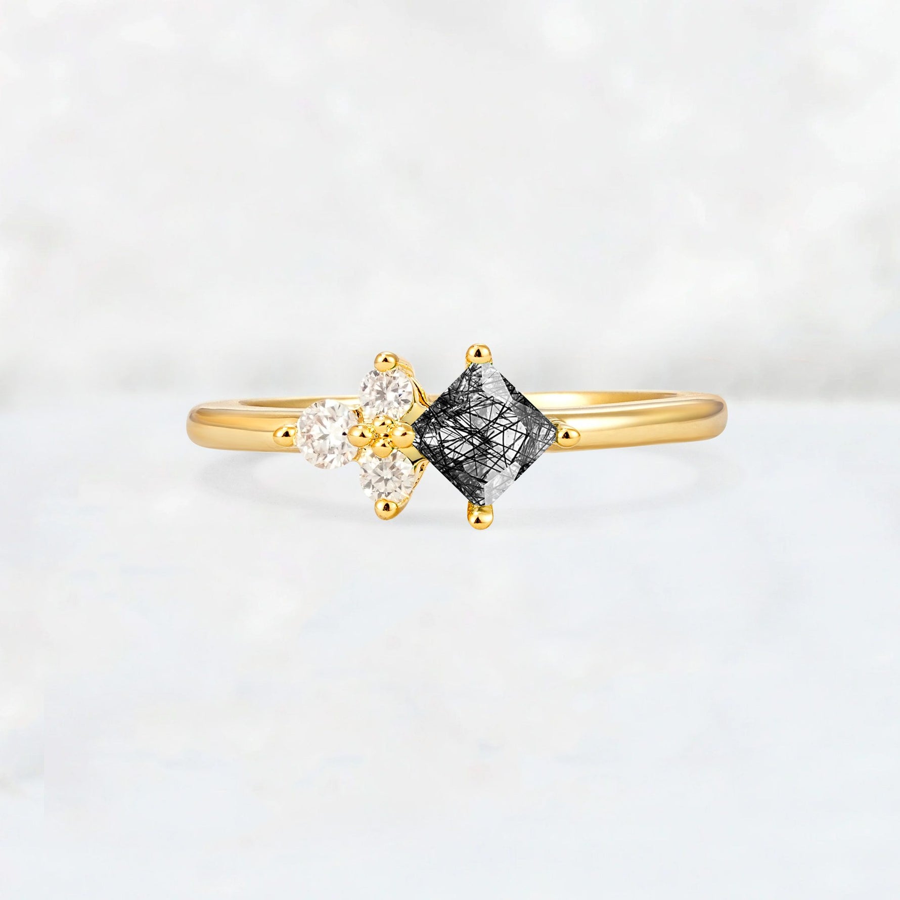 Princess Cut Black Rutilated Quartz Asymmetrical Cluster Side Stone Engagement Ring - Additional view