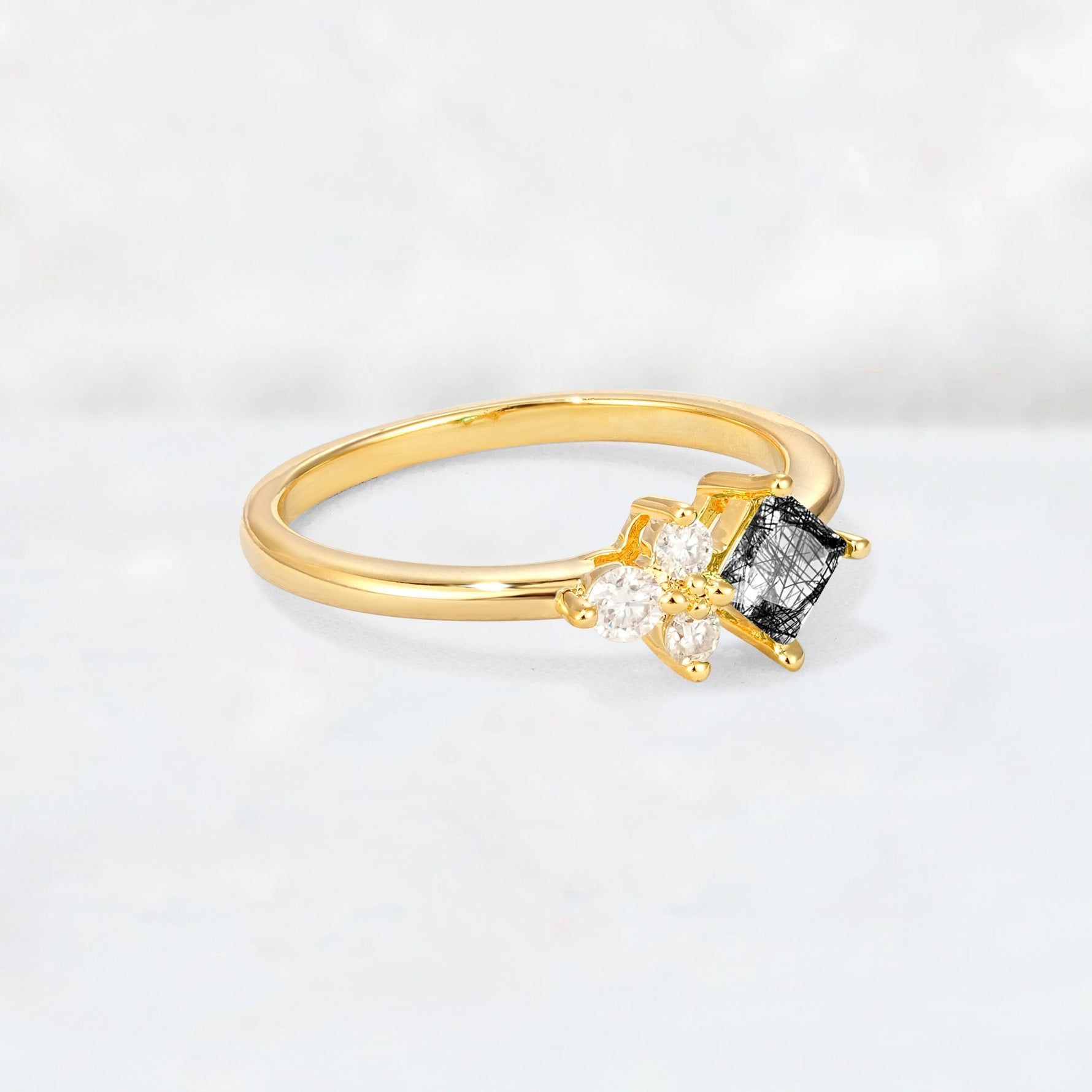 Princess Cut Black Rutilated Quartz Asymmetrical Cluster Side Stone Engagement Ring - Additional view
