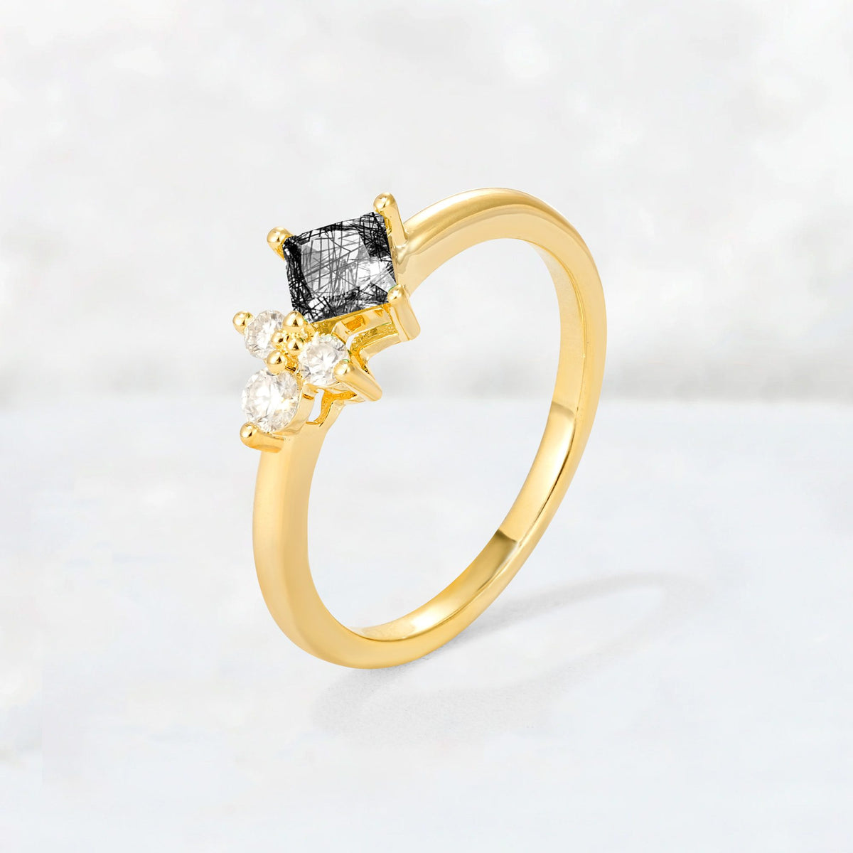 Princess Cut Black Rutilated Quartz Asymmetrical Cluster Side Stone Engagement Ring - Additional view