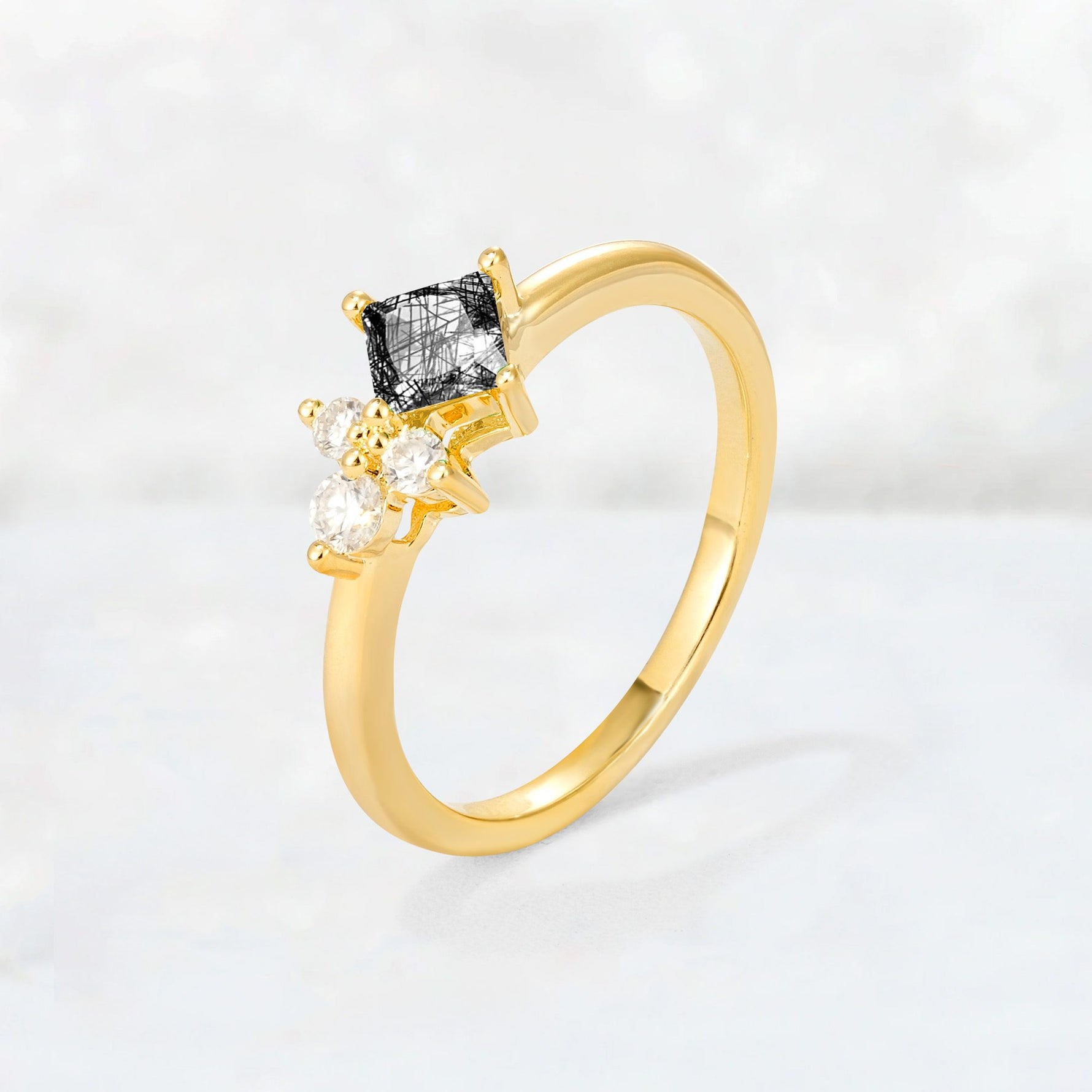 Princess Cut Black Rutilated Quartz Asymmetrical Cluster Side Stone Engagement Ring - Additional view