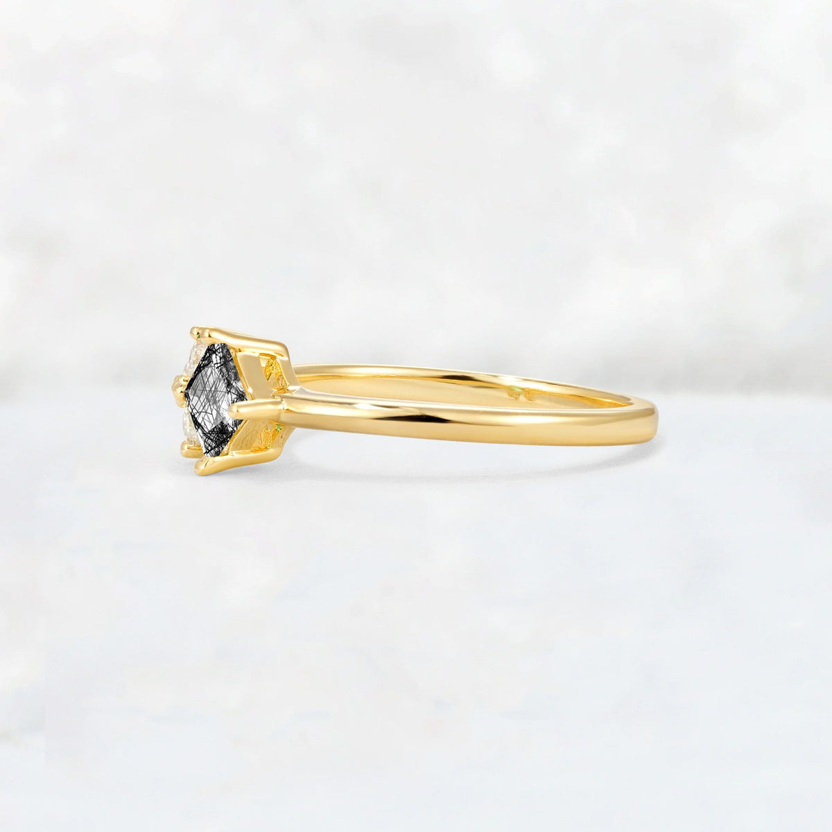 Princess Cut Black Rutilated Quartz Asymmetrical Cluster Side Stone Engagement Ring - Additional view