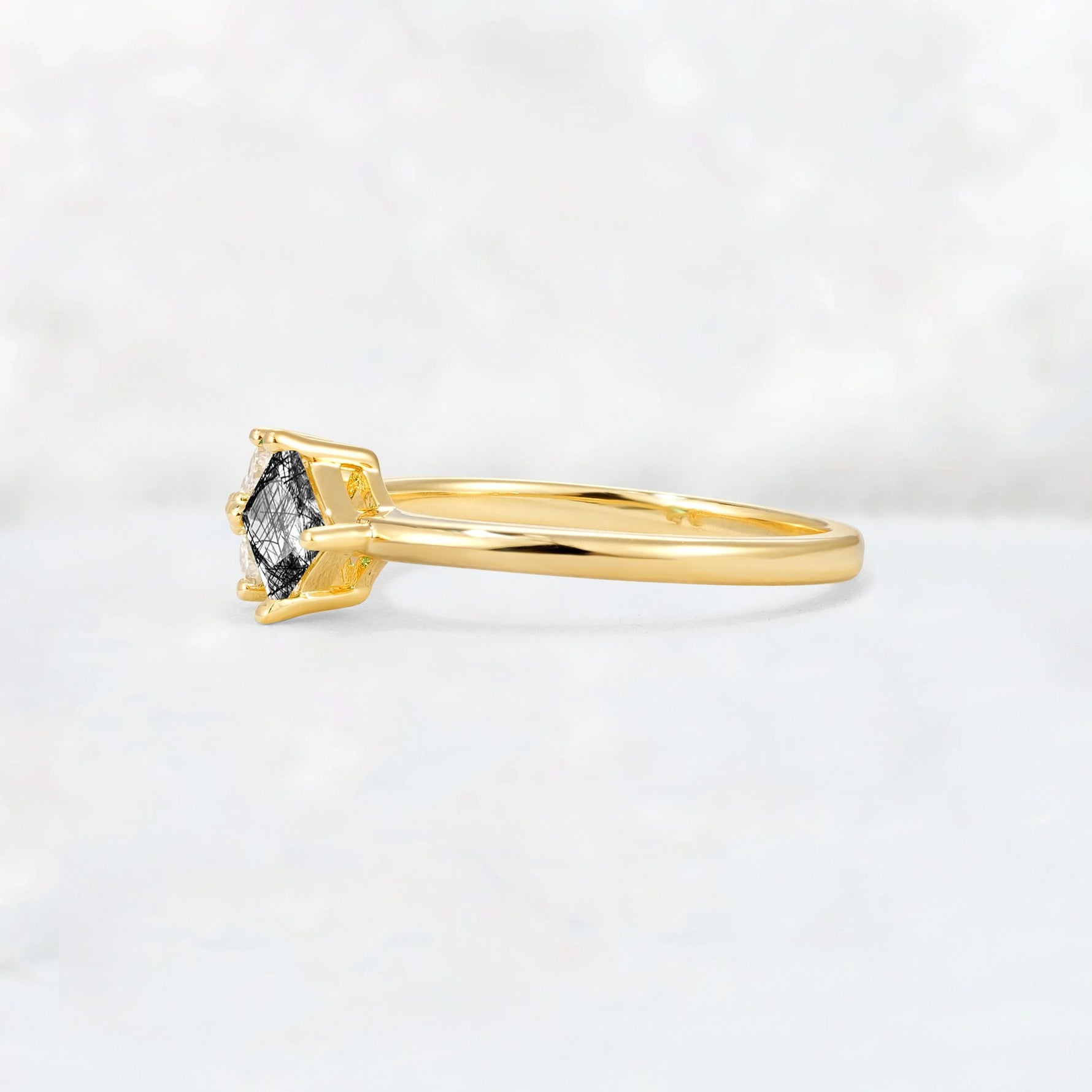Princess Cut Black Rutilated Quartz Asymmetrical Cluster Side Stone Engagement Ring - Additional view
