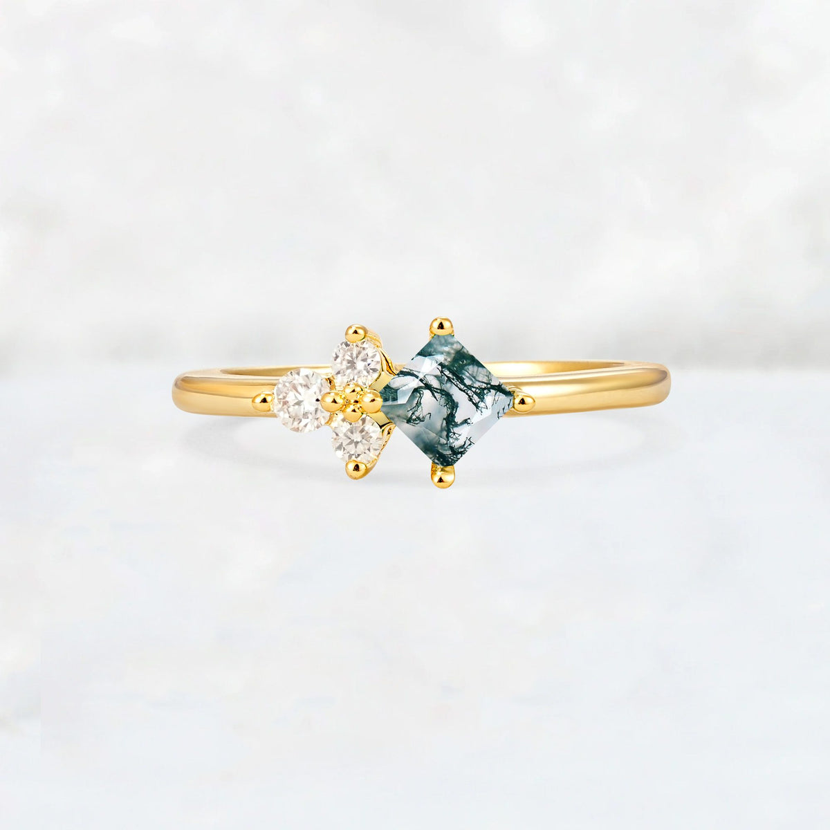 Princess Cut Moss Agate Asymmetrical Cluster Side Stone Engagement Ring - Additional view