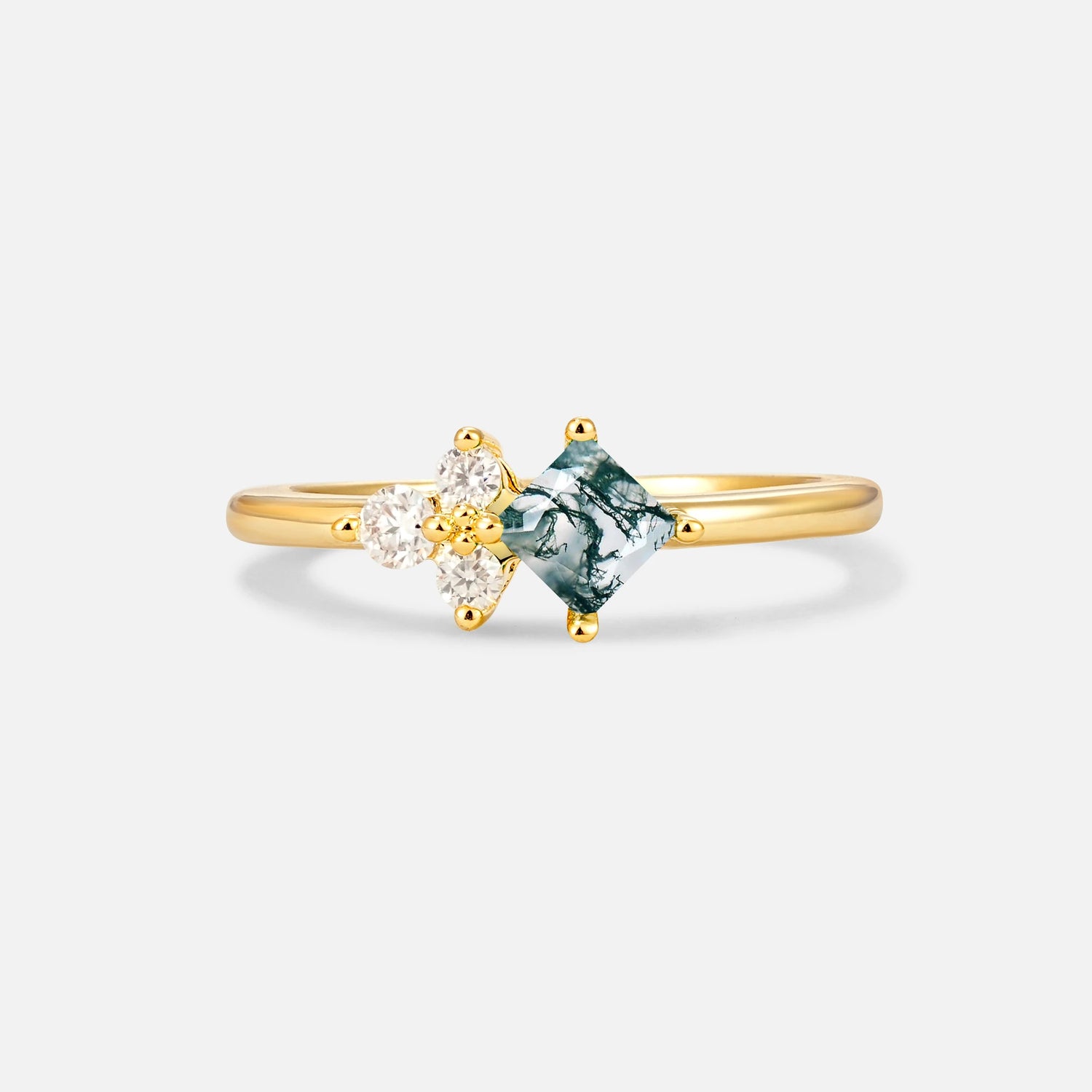 Princess Cut Moss Agate Asymmetrical Cluster Side Stone Engagement Ring - Additional view