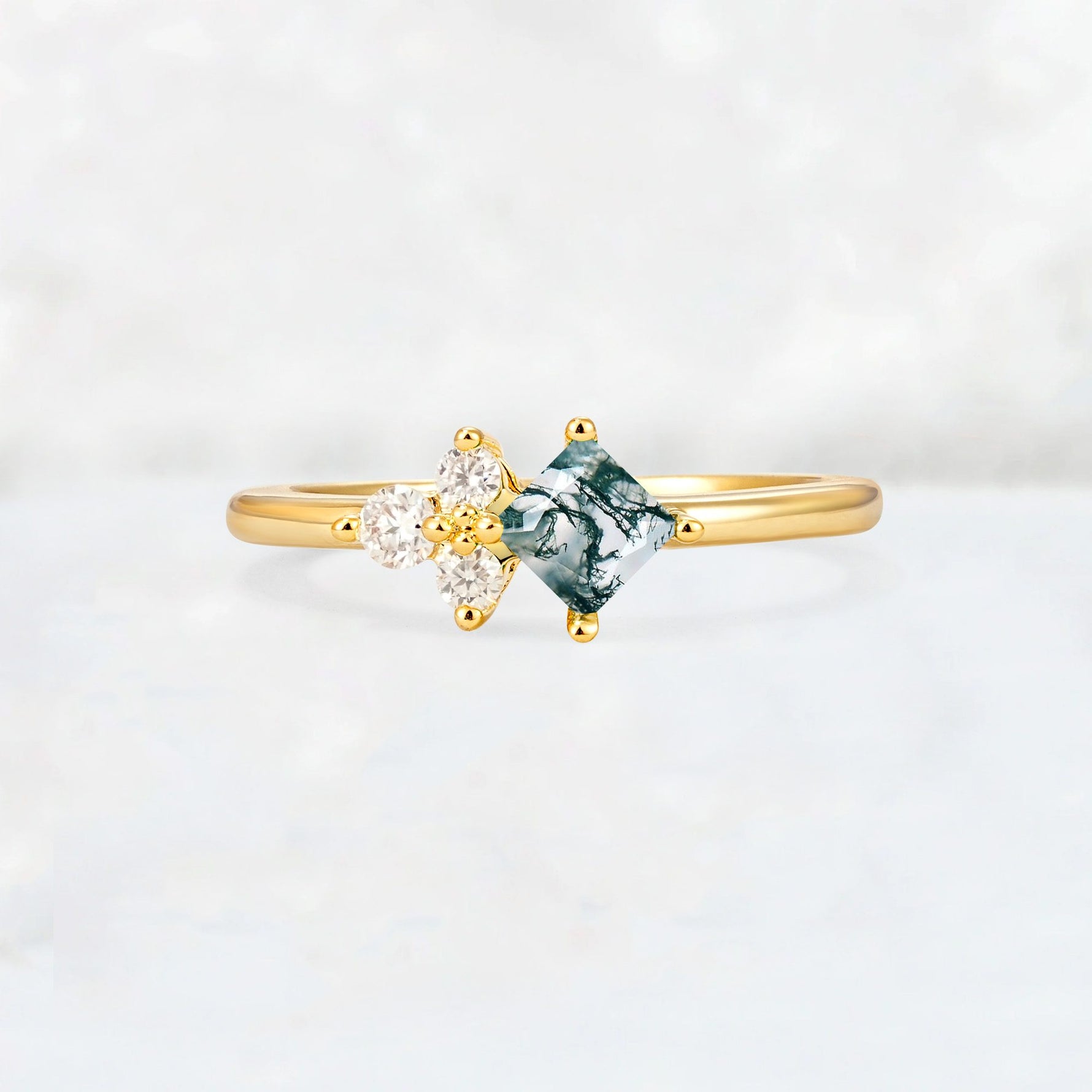 Princess Cut Moss Agate Asymmetrical Cluster Side Stone Engagement Ring - Additional view