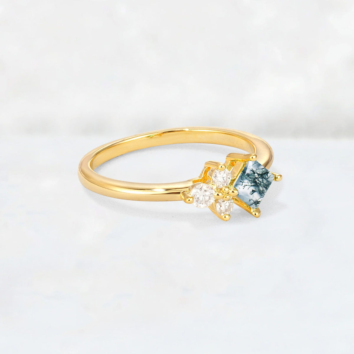 Princess Cut Moss Agate Asymmetrical Cluster Side Stone Engagement Ring - Additional view