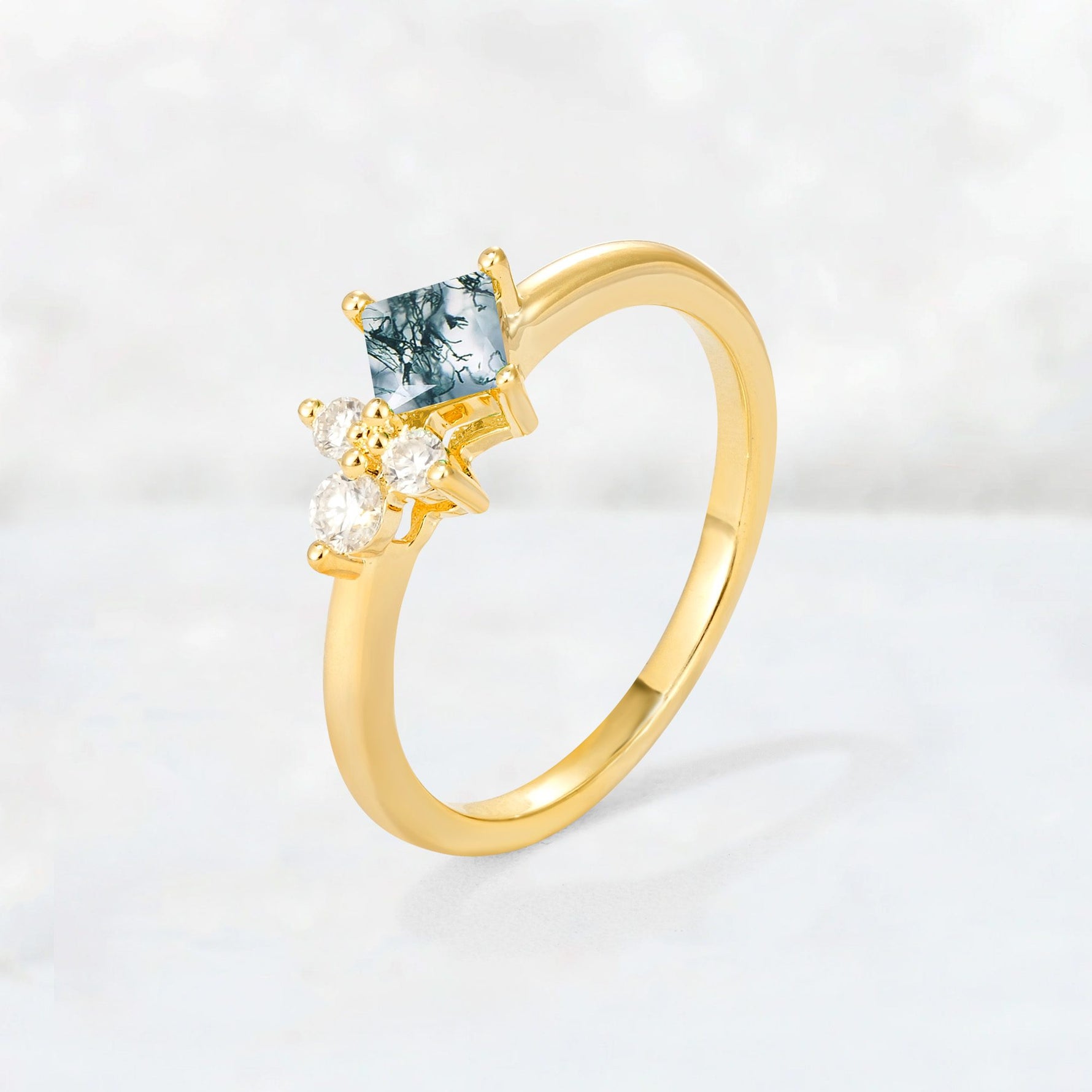 Princess Cut Moss Agate Asymmetrical Cluster Side Stone Engagement Ring - Additional view