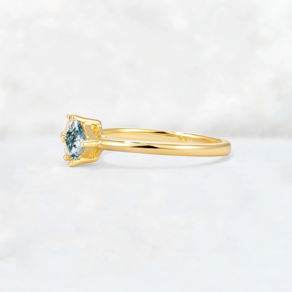 Princess Cut Moss Agate Asymmetrical Cluster Side Stone Engagement Ring - Additional view