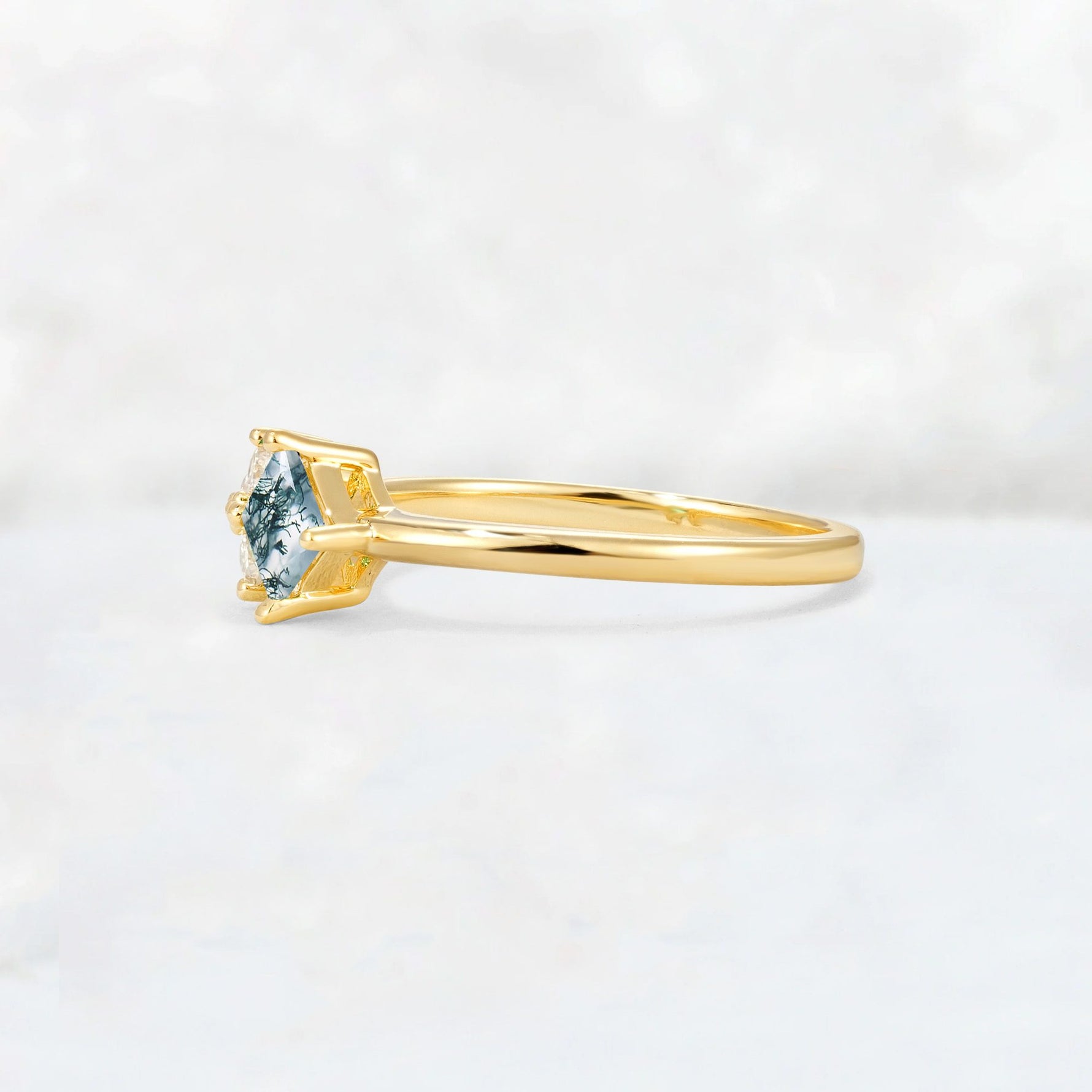 Princess Cut Moss Agate Asymmetrical Cluster Side Stone Engagement Ring - Additional view
