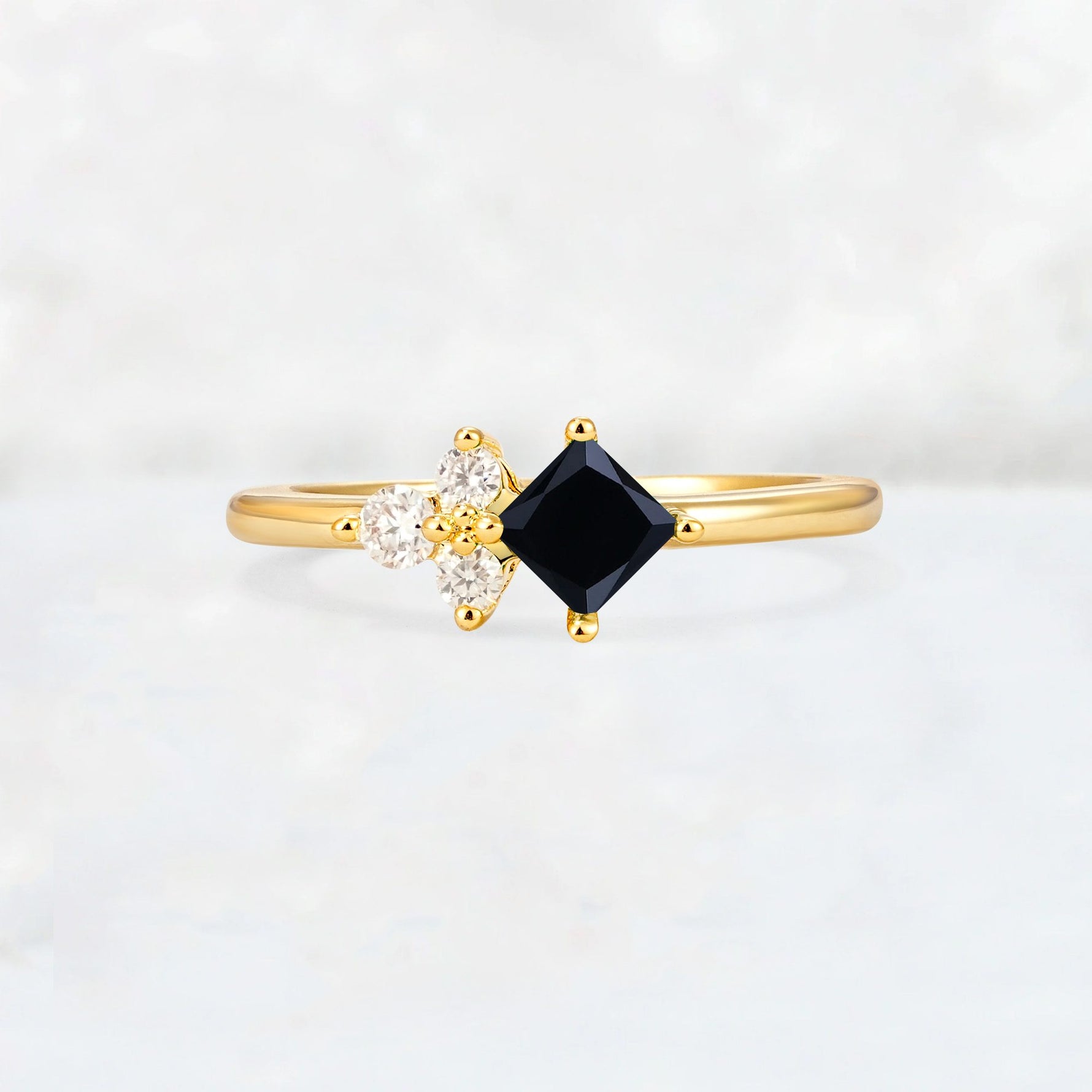 Princess Cut Black Onyx Asymmetrical Cluster Side Stone Engagement Ring - Additional view