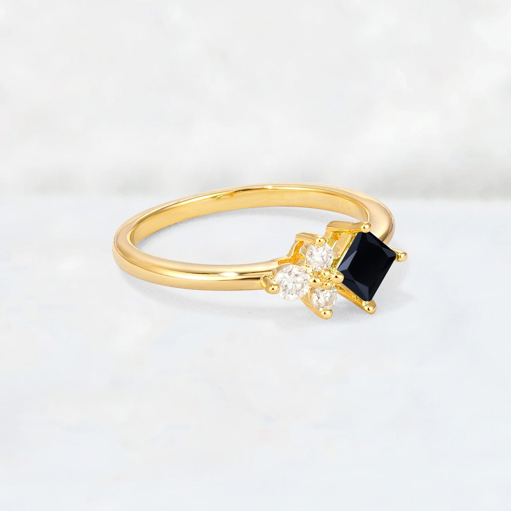 Princess Cut Black Onyx Asymmetrical Cluster Side Stone Engagement Ring - Additional view