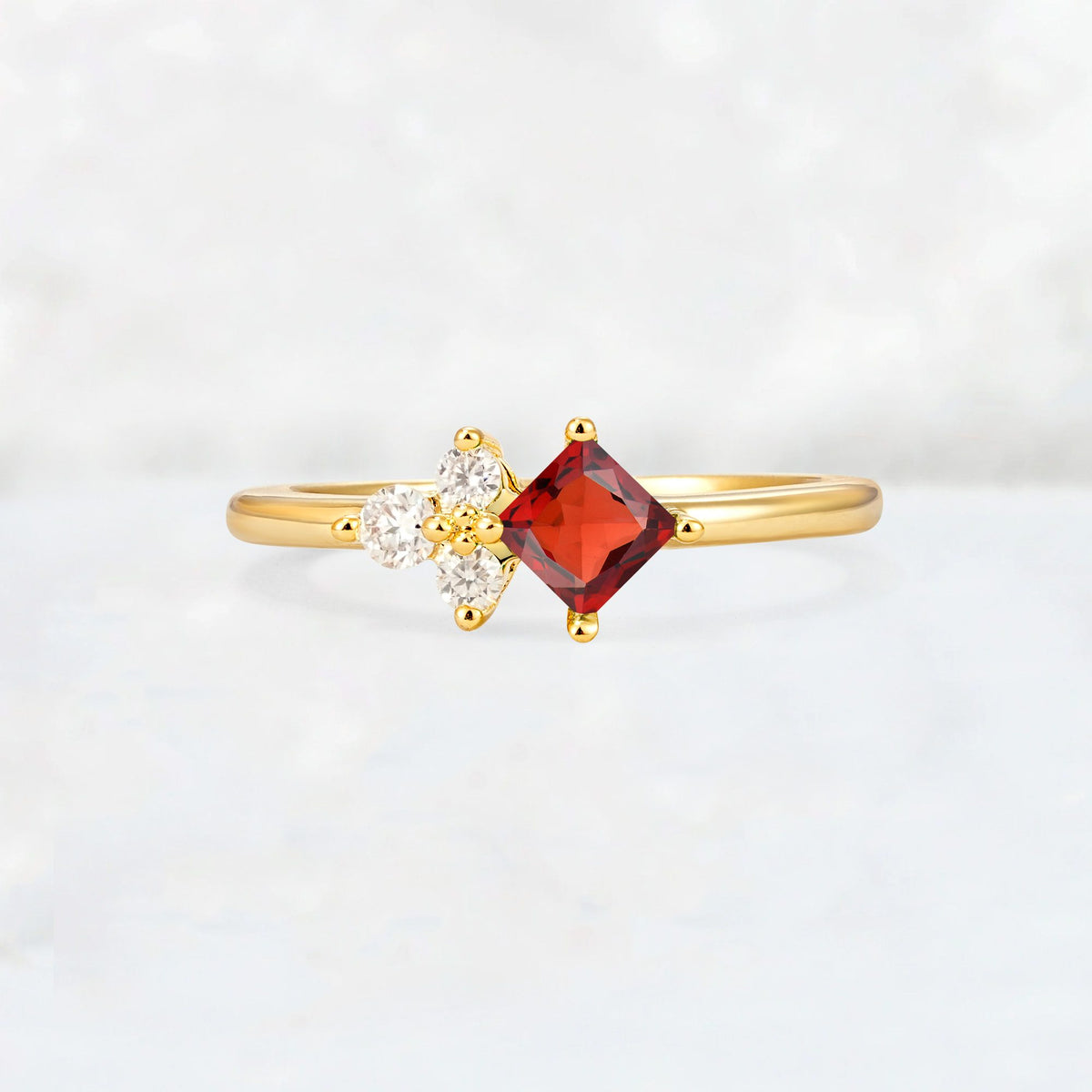 Princess Cut Garnet Asymmetrical Cluster Side Stone Engagement Ring - Additional view