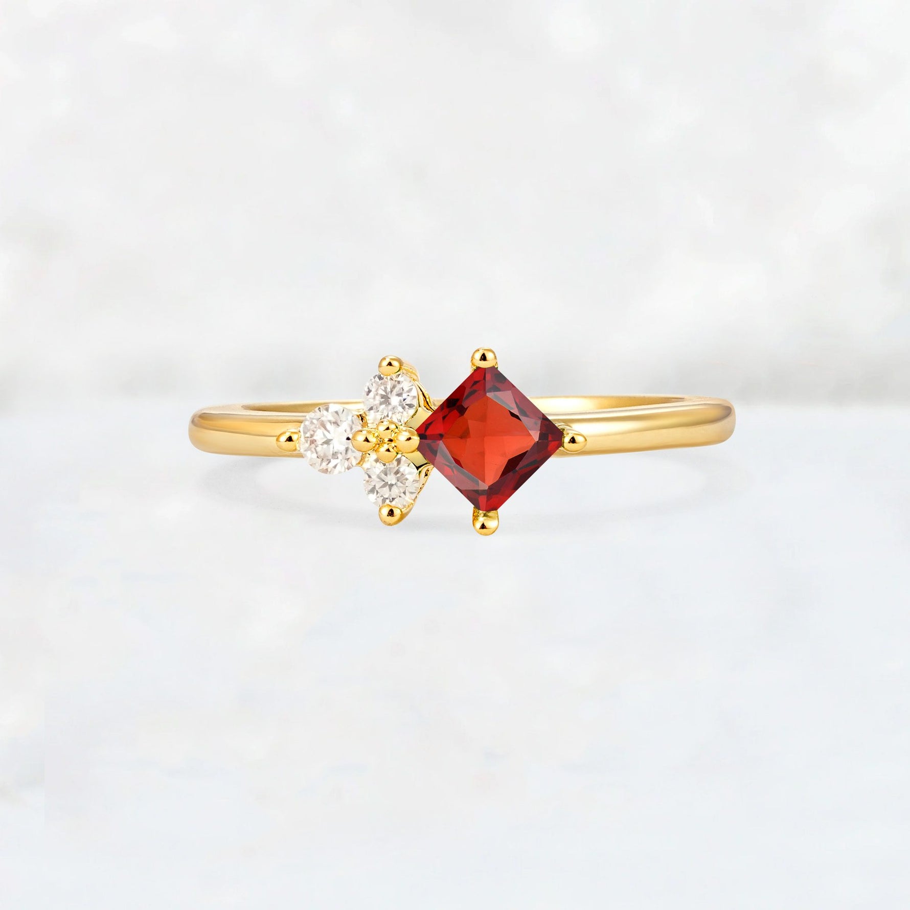 Princess Cut Garnet Asymmetrical Cluster Side Stone Engagement Ring - Additional view