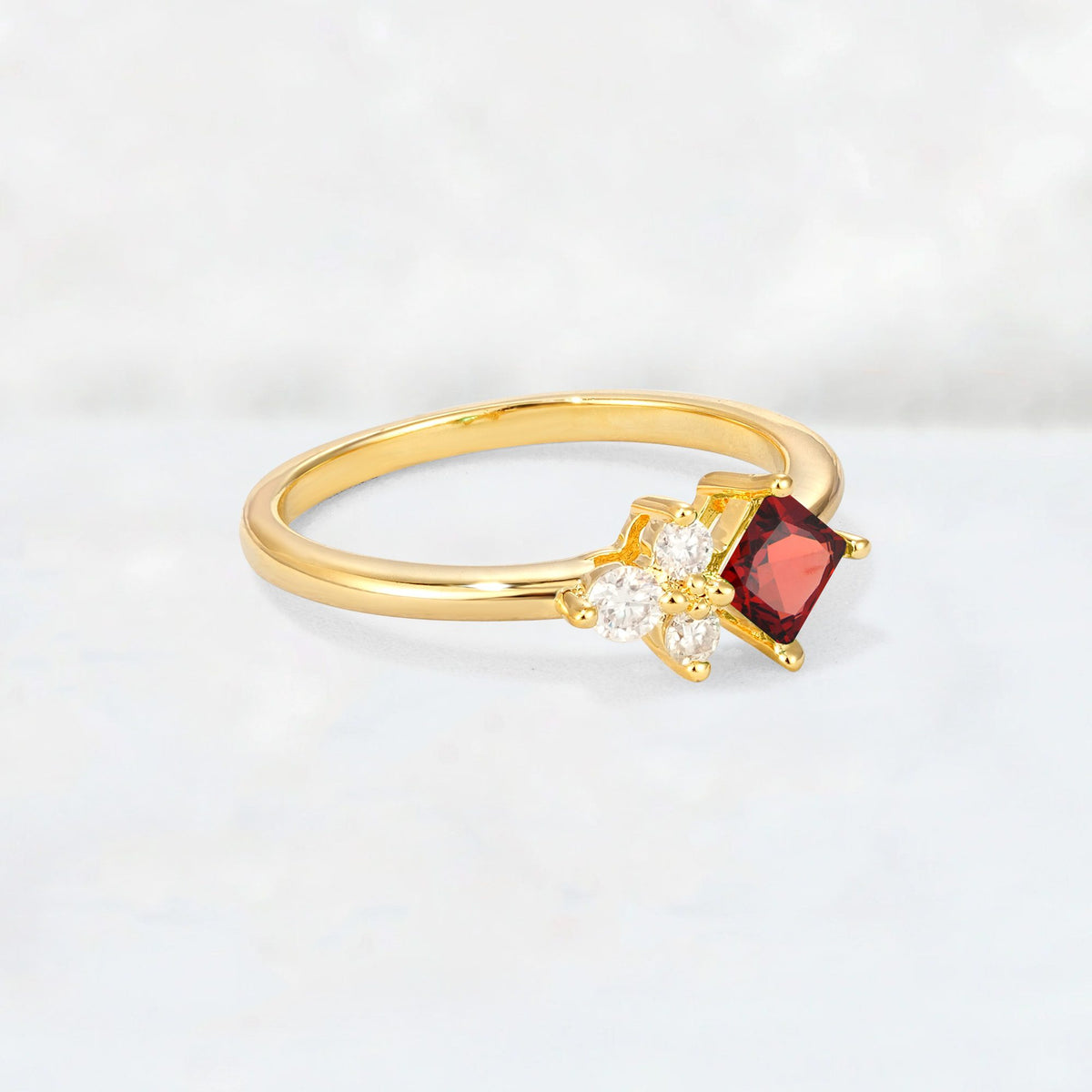 Princess Cut Garnet Asymmetrical Cluster Side Stone Engagement Ring - Additional view
