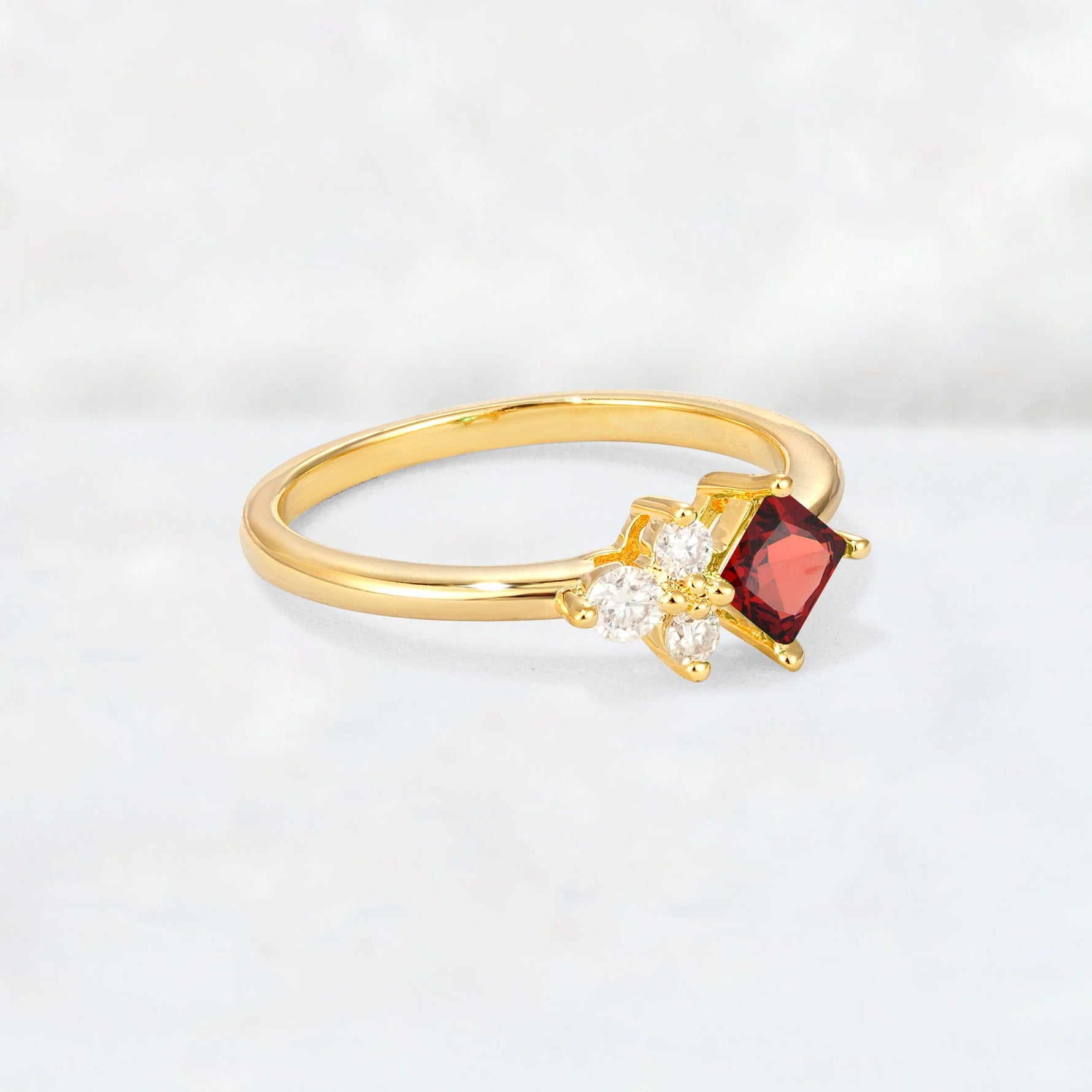 Princess Cut Garnet Asymmetrical Cluster Side Stone Engagement Ring - Additional view