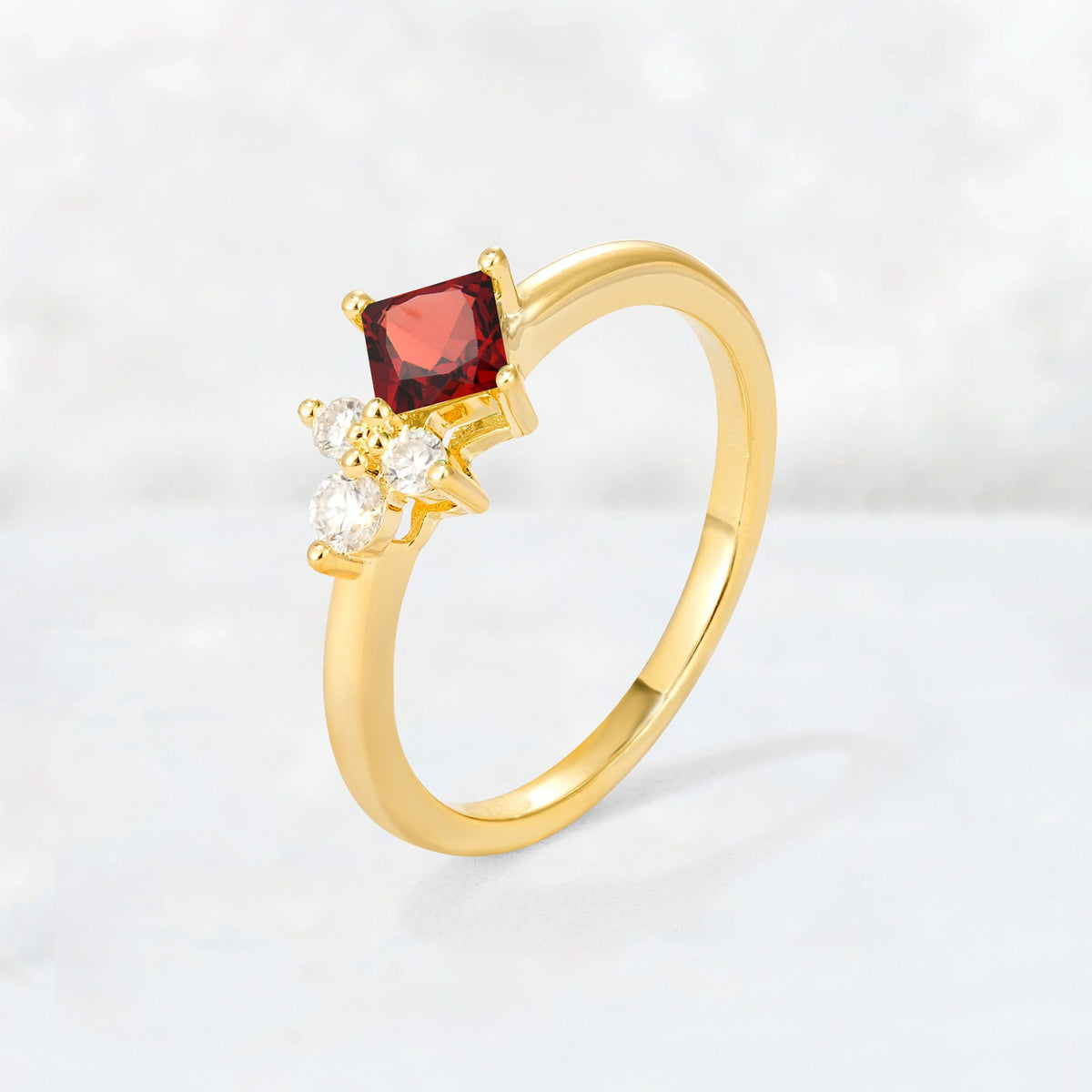 Princess Cut Garnet Asymmetrical Cluster Side Stone Engagement Ring - Additional view