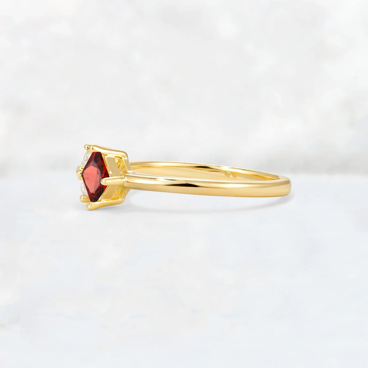 Princess Cut Garnet Asymmetrical Cluster Side Stone Engagement Ring - Additional view