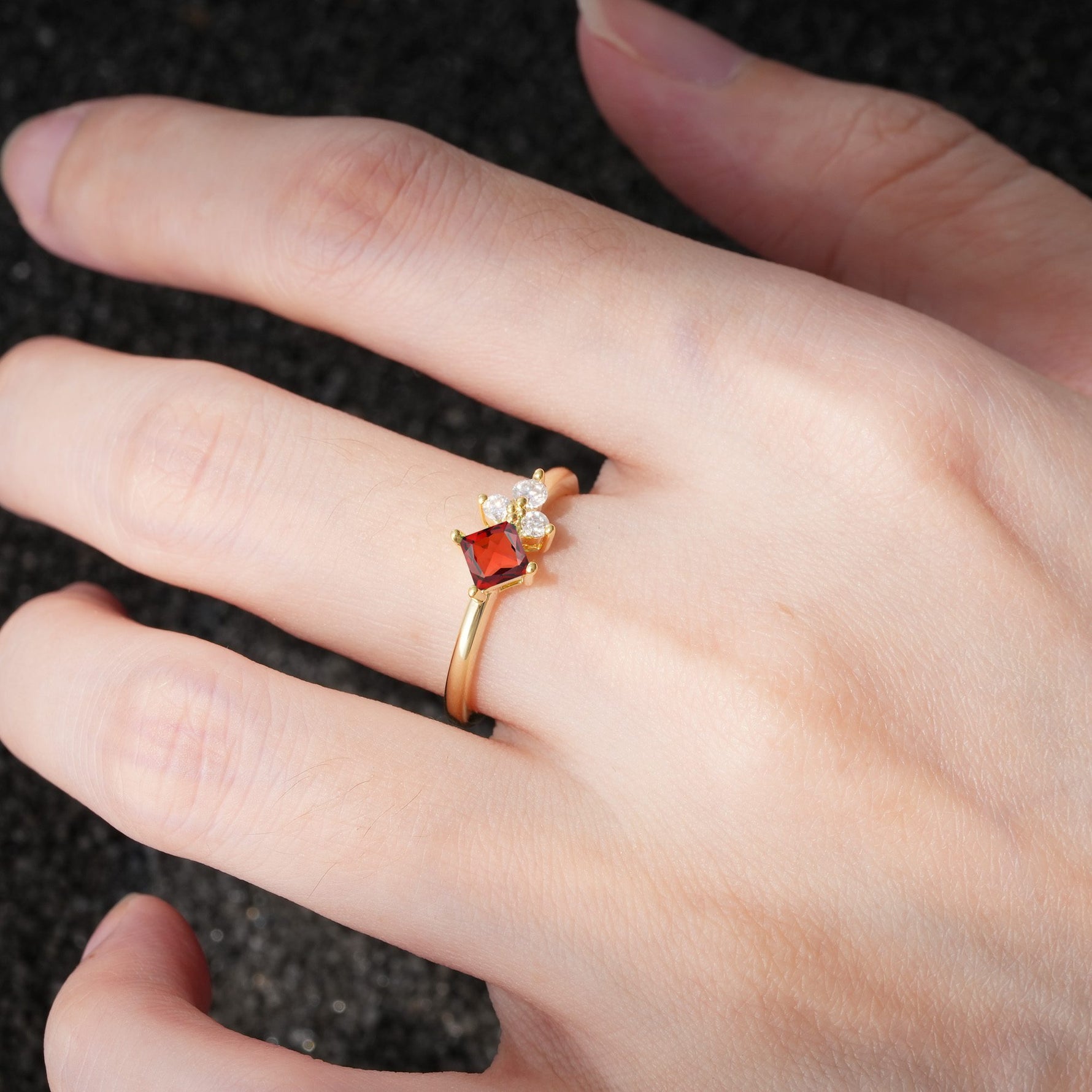 Princess Cut Garnet Asymmetrical Cluster Side Stone Engagement Ring - Additional view