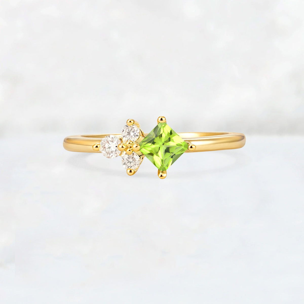 Princess Cut Peridot Asymmetrical Cluster Side Stone Engagement Ring - Additional view