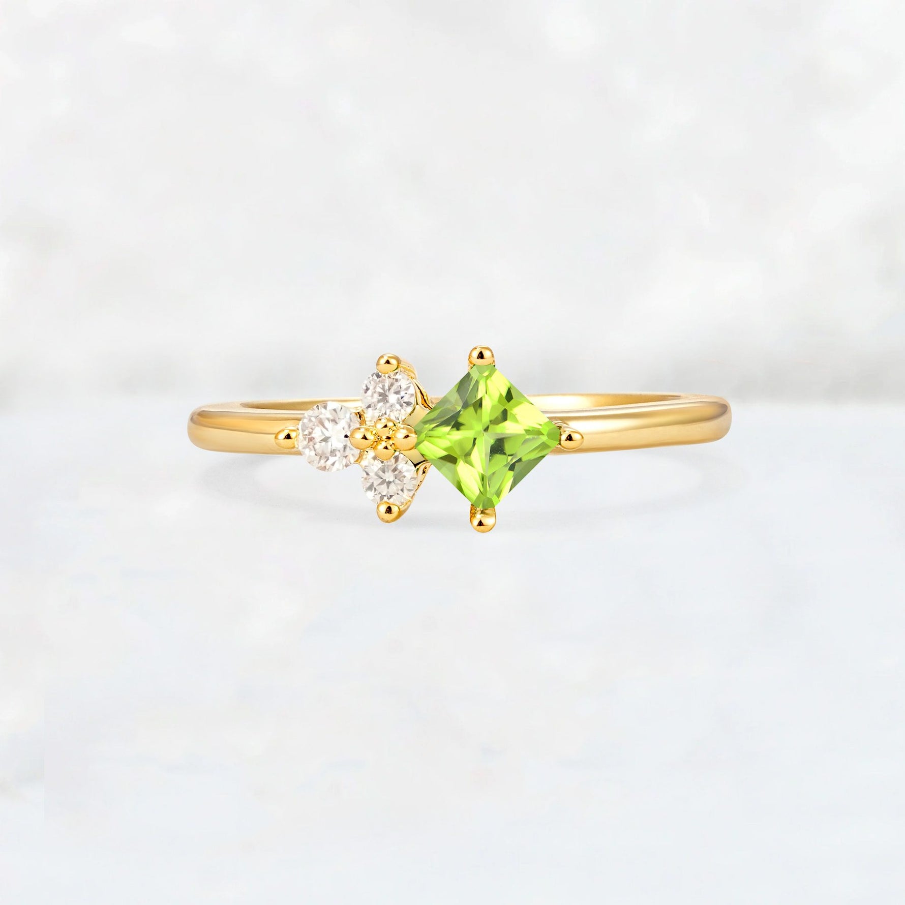 Princess Cut Peridot Asymmetrical Cluster Side Stone Engagement Ring - Additional view