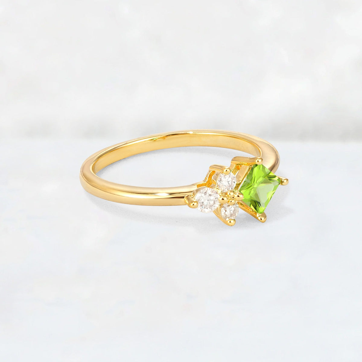 Princess Cut Peridot Asymmetrical Cluster Side Stone Engagement Ring - Additional view
