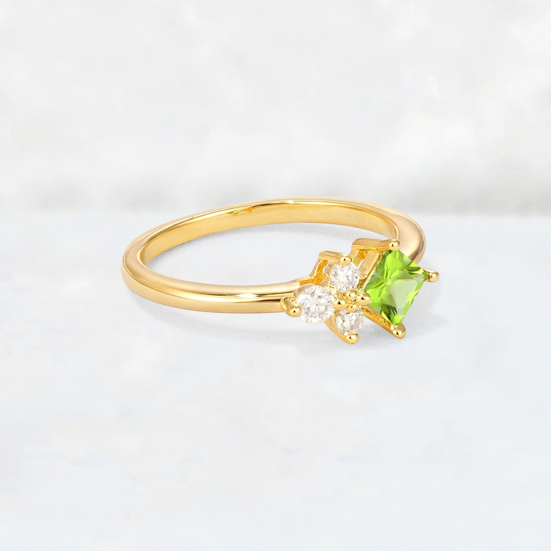 Princess Cut Peridot Asymmetrical Cluster Side Stone Engagement Ring - Additional view