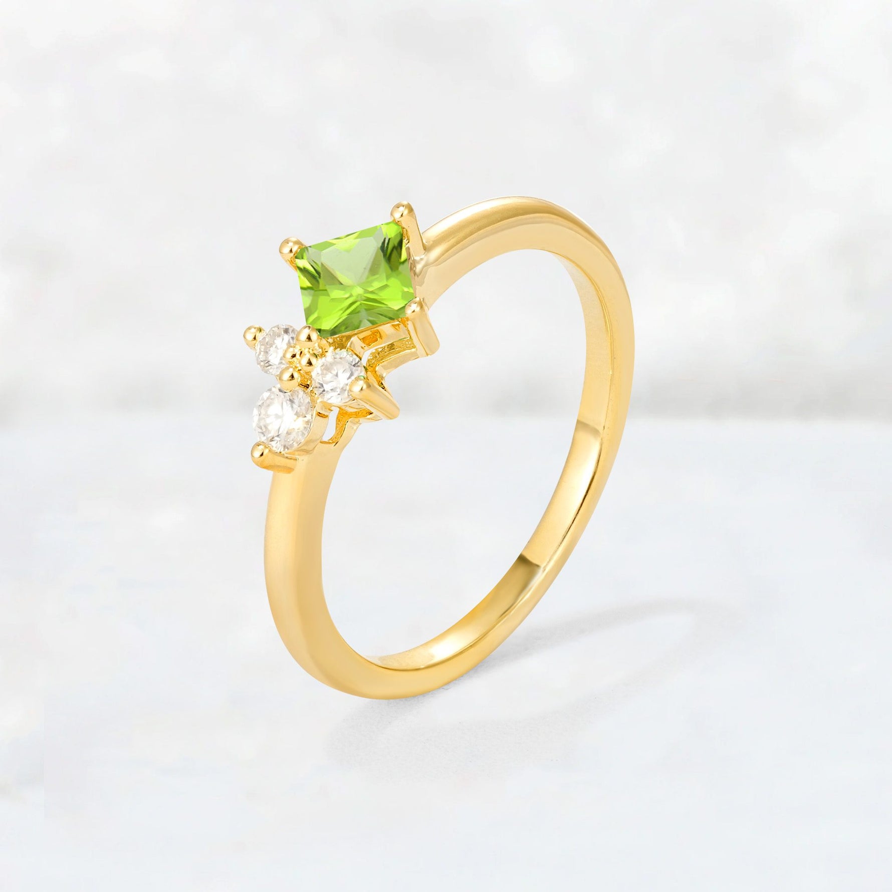 Princess Cut Peridot Asymmetrical Cluster Side Stone Engagement Ring - Additional view