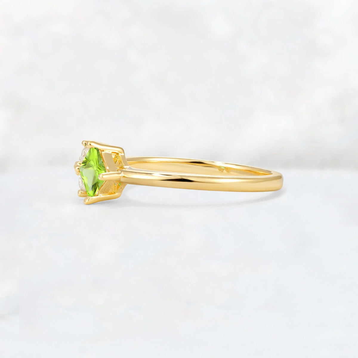 Princess Cut Peridot Asymmetrical Cluster Side Stone Engagement Ring - Additional view