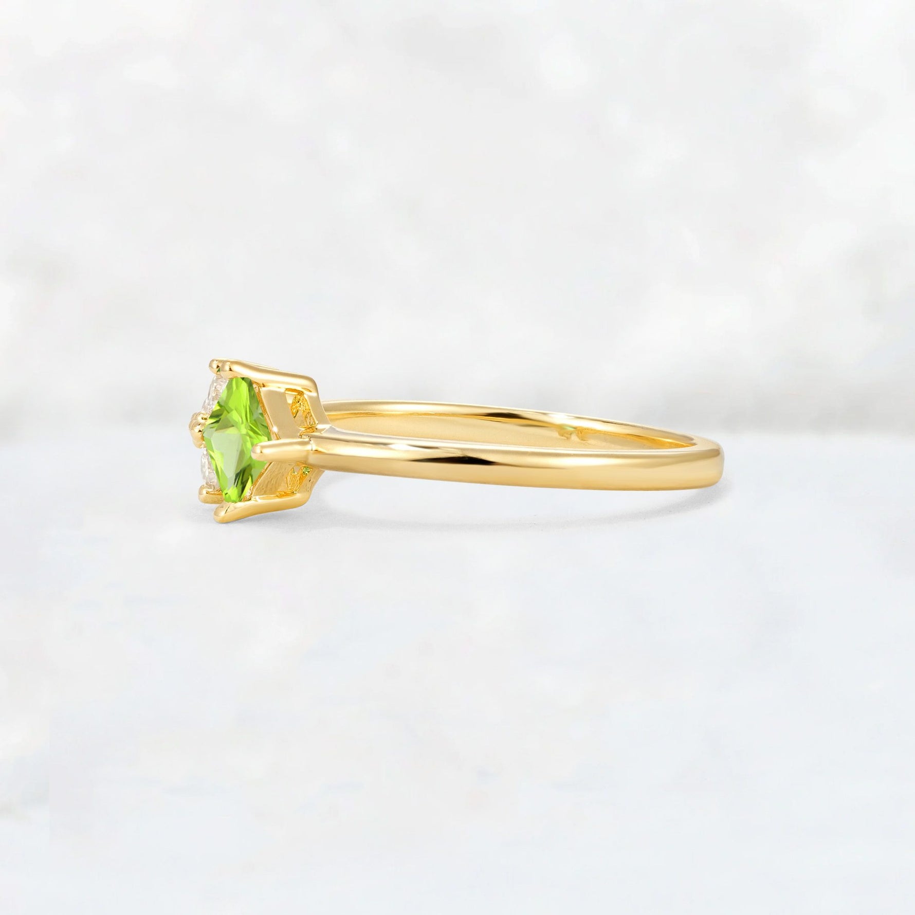 Princess Cut Peridot Asymmetrical Cluster Side Stone Engagement Ring - Additional view